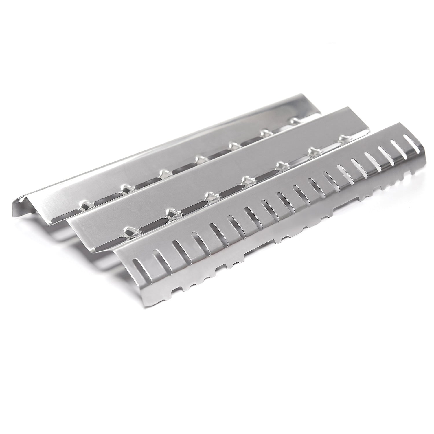 Gas grill flame tamer, slotted stainless heat deflector with tabs
