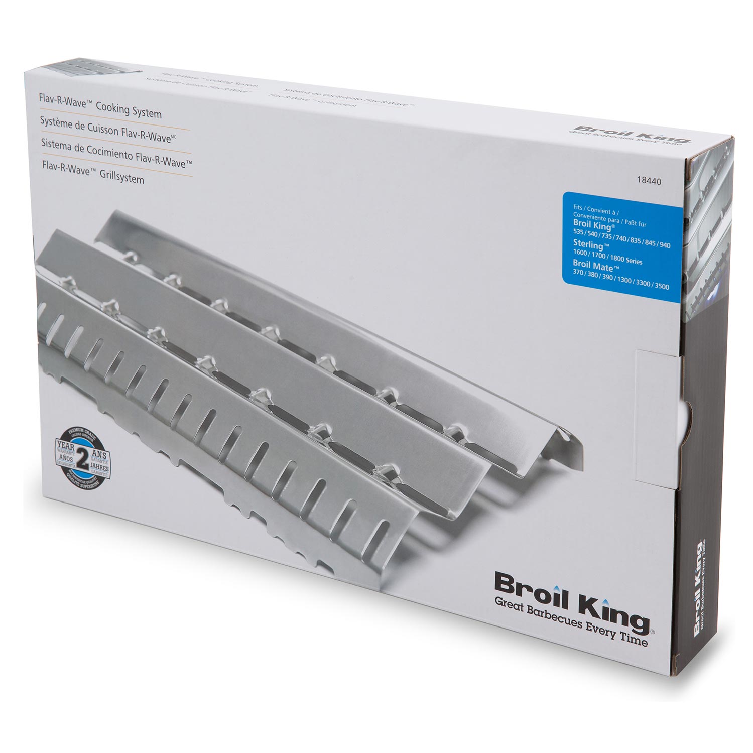 Broil King flame tamer shown in retail packaging box, stainless slotted deflector