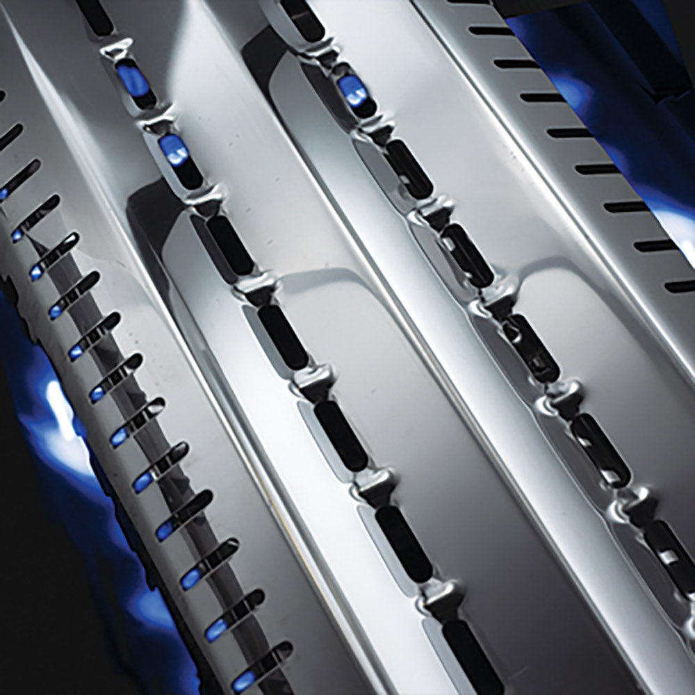 Metal flame tamer bars with elongated slots and evenly spaced mounting tabs