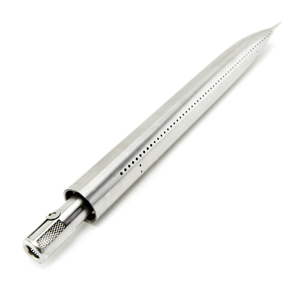 Stainless steel tube-in-tube burner with row of gas ports and open end