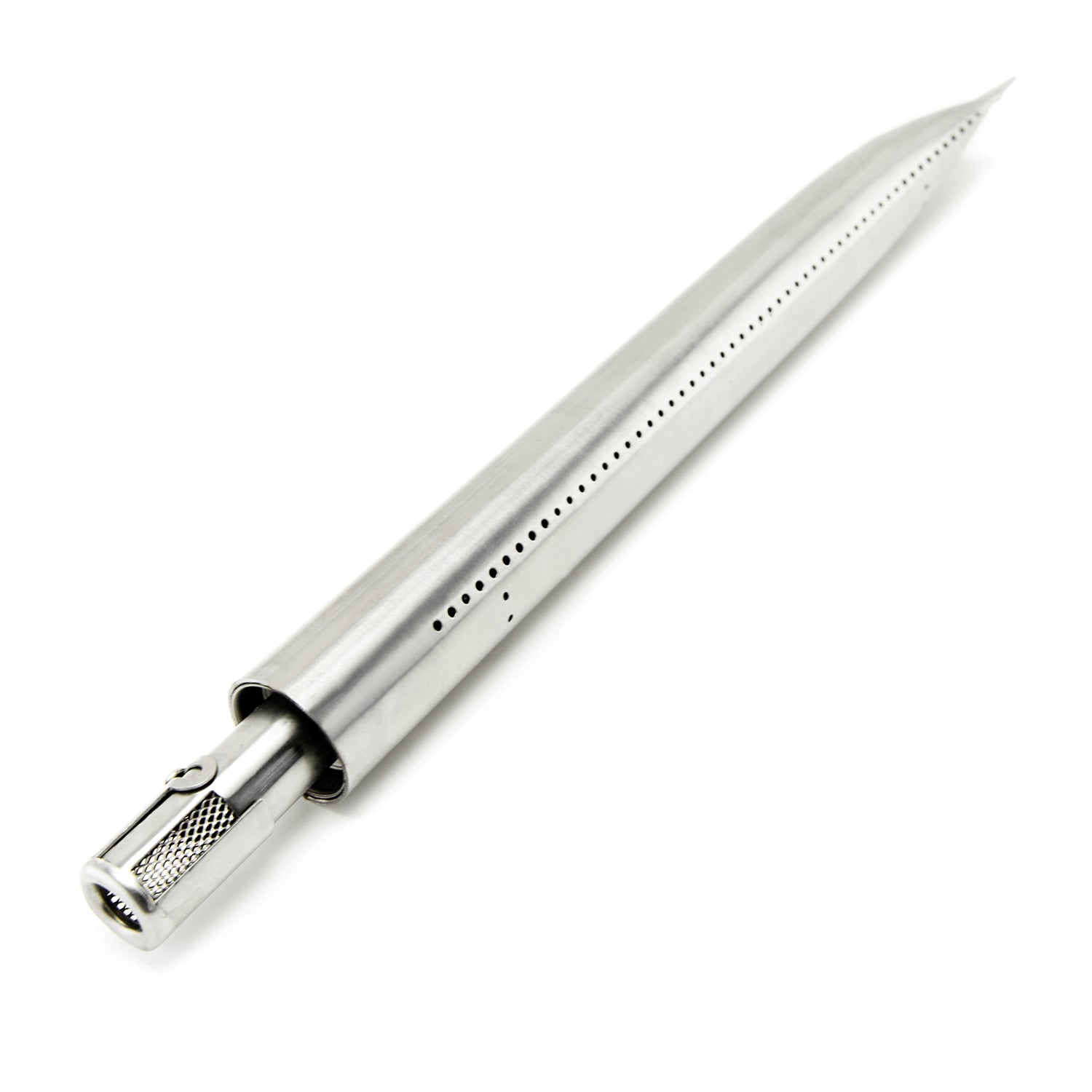 Stainless steel tube-in-tube burner with row of gas ports and open end