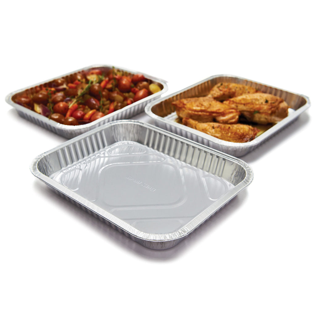 Aluminum drip pan tray with embossed rim and four-sided walls, silver