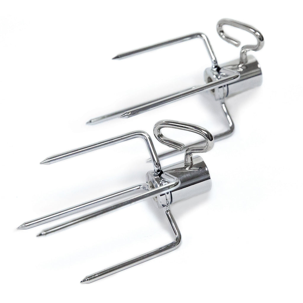 Stainless steel rotisserie forks with mounting brackets and pointed prongs