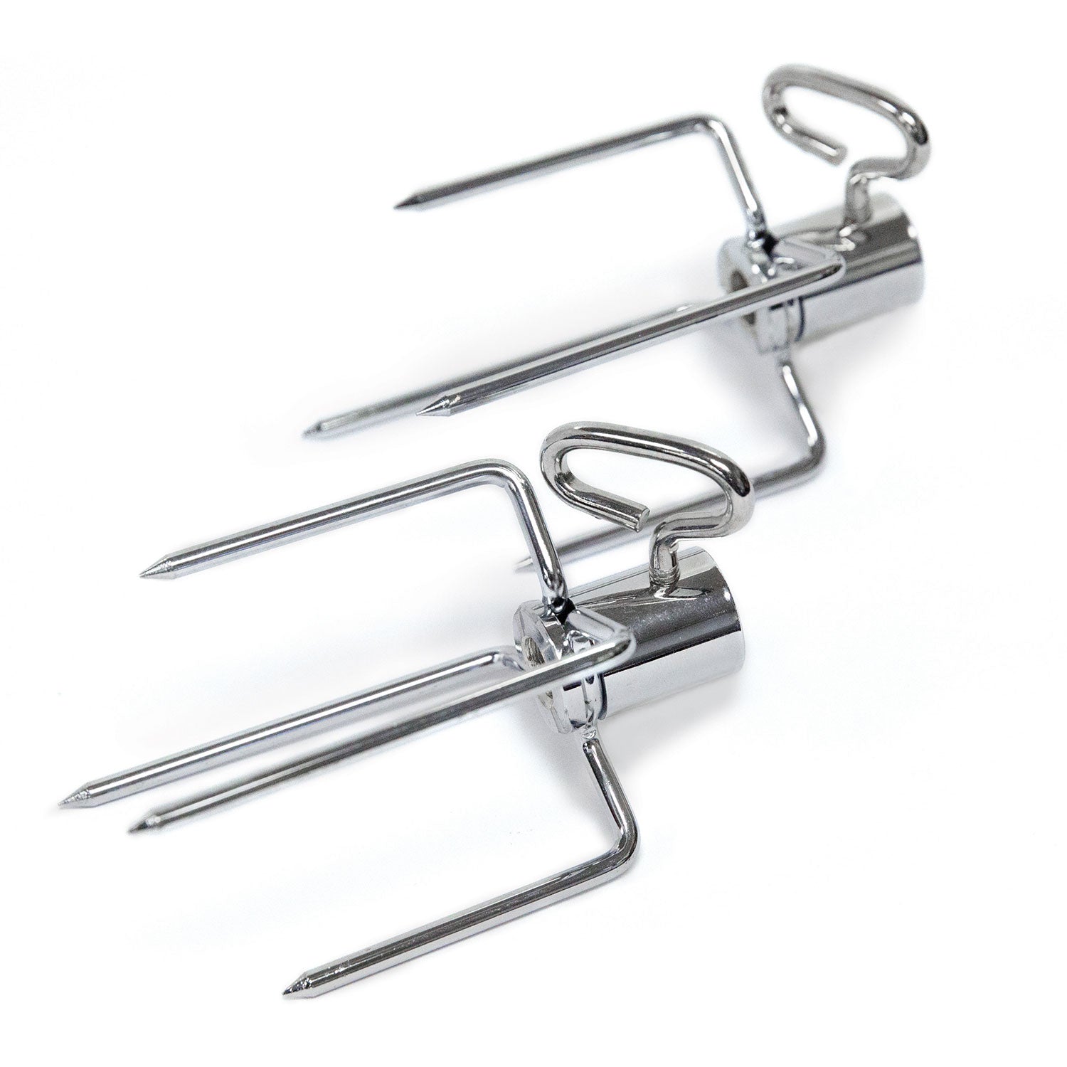 Stainless steel rotisserie forks with mounting brackets and pointed prongs