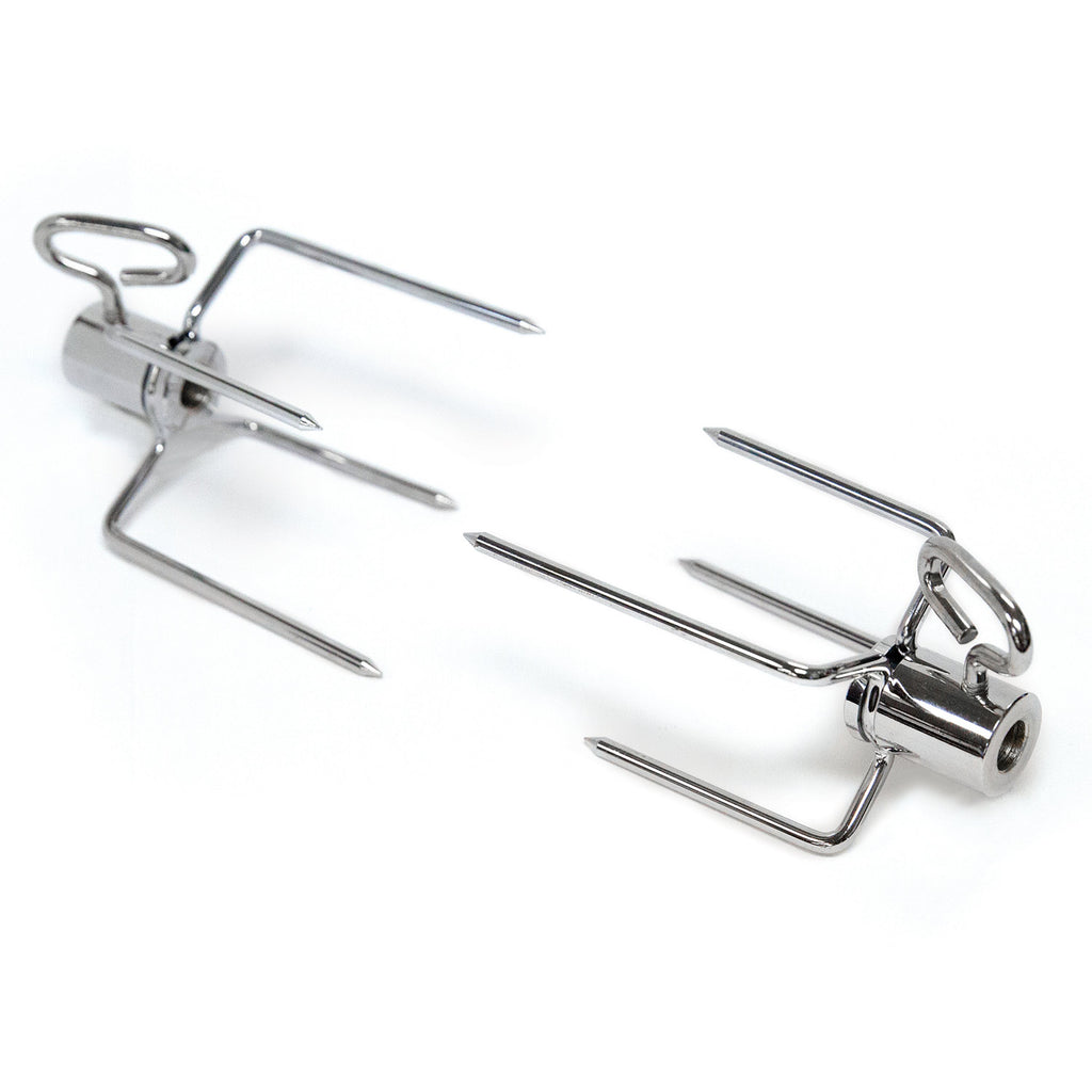 Stainless steel rotisserie forks set with two fork heads and swivel clips