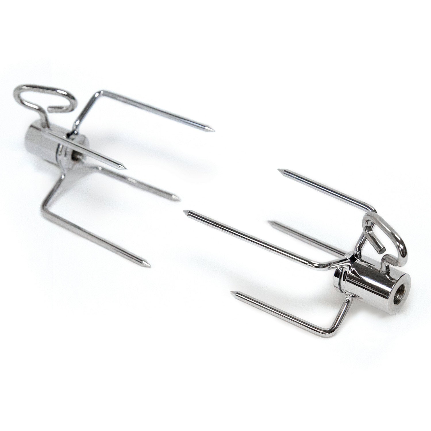 Stainless steel rotisserie forks set with two fork heads and swivel clips