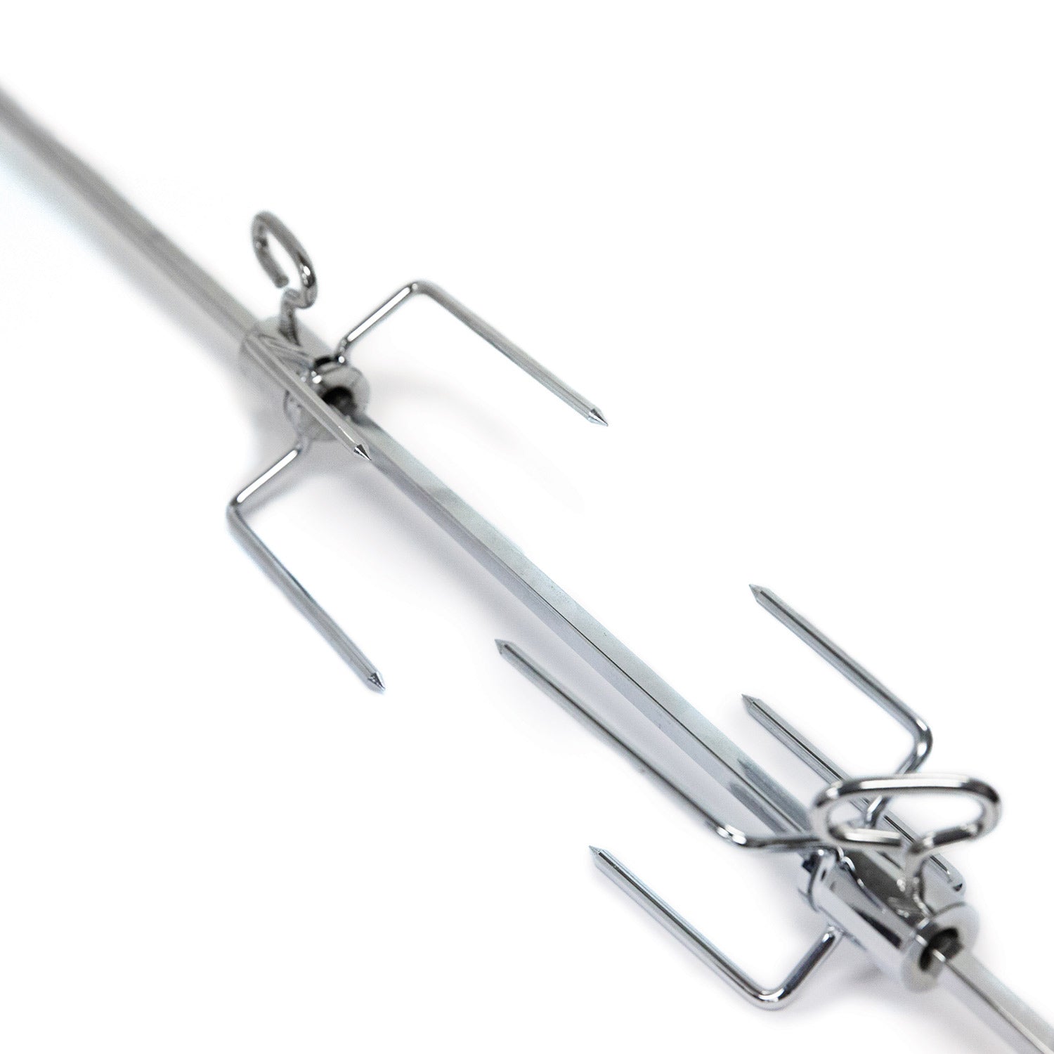 Stainless steel rotisserie fork attachment with pointed tines and latch hardware