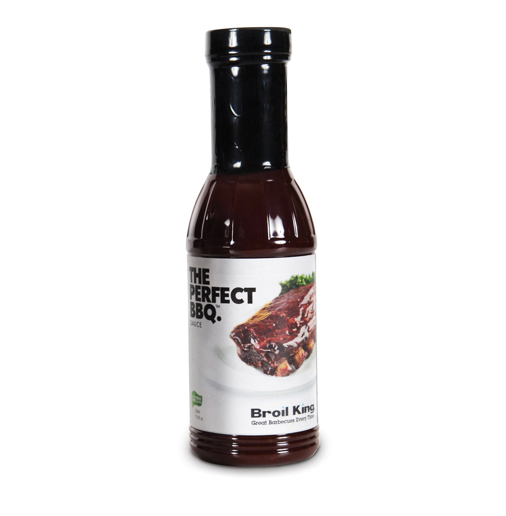 BBQ sauce bottle with dark brown sauce and black cap, Broil King label