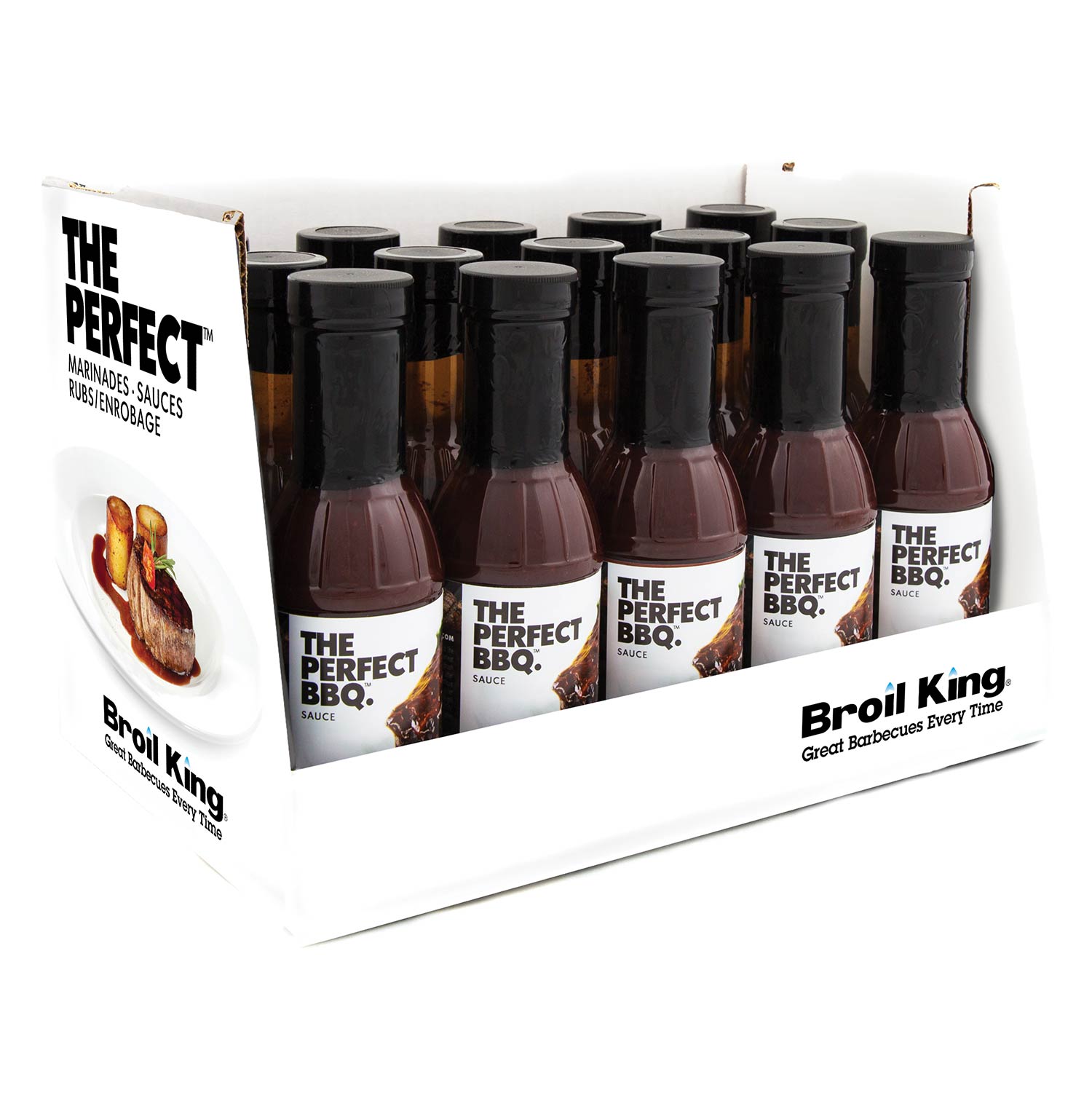 Pack of BBQ sauce bottles in display tray with box, dark brown sauce, Broil King