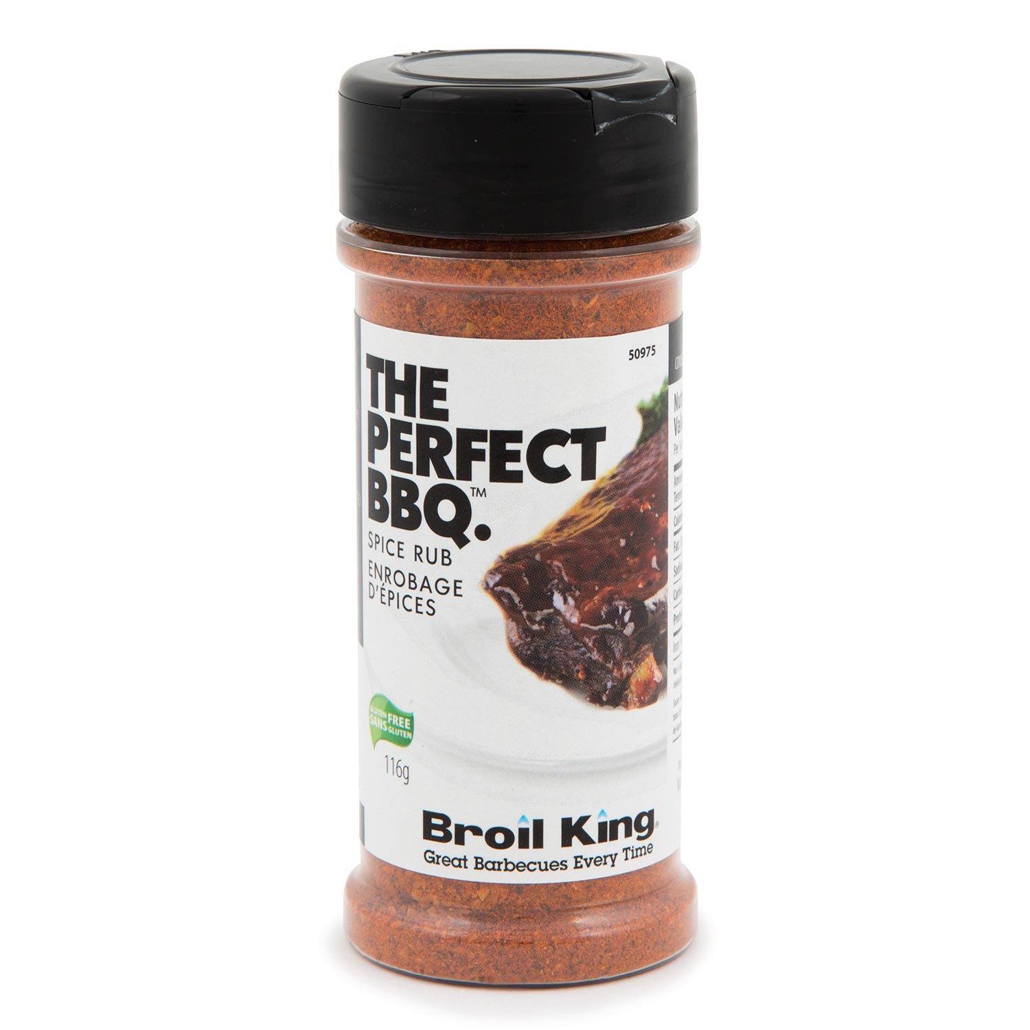 Broil King BBQ spice rub bottle with black cap and reddish-brown granules