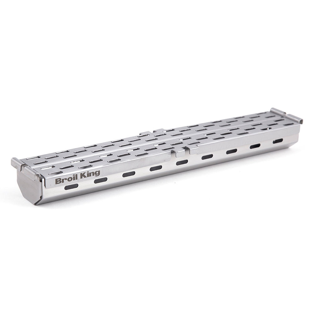 Broil King stainless steel pellet smoker box with perforated grilling surface and side supports