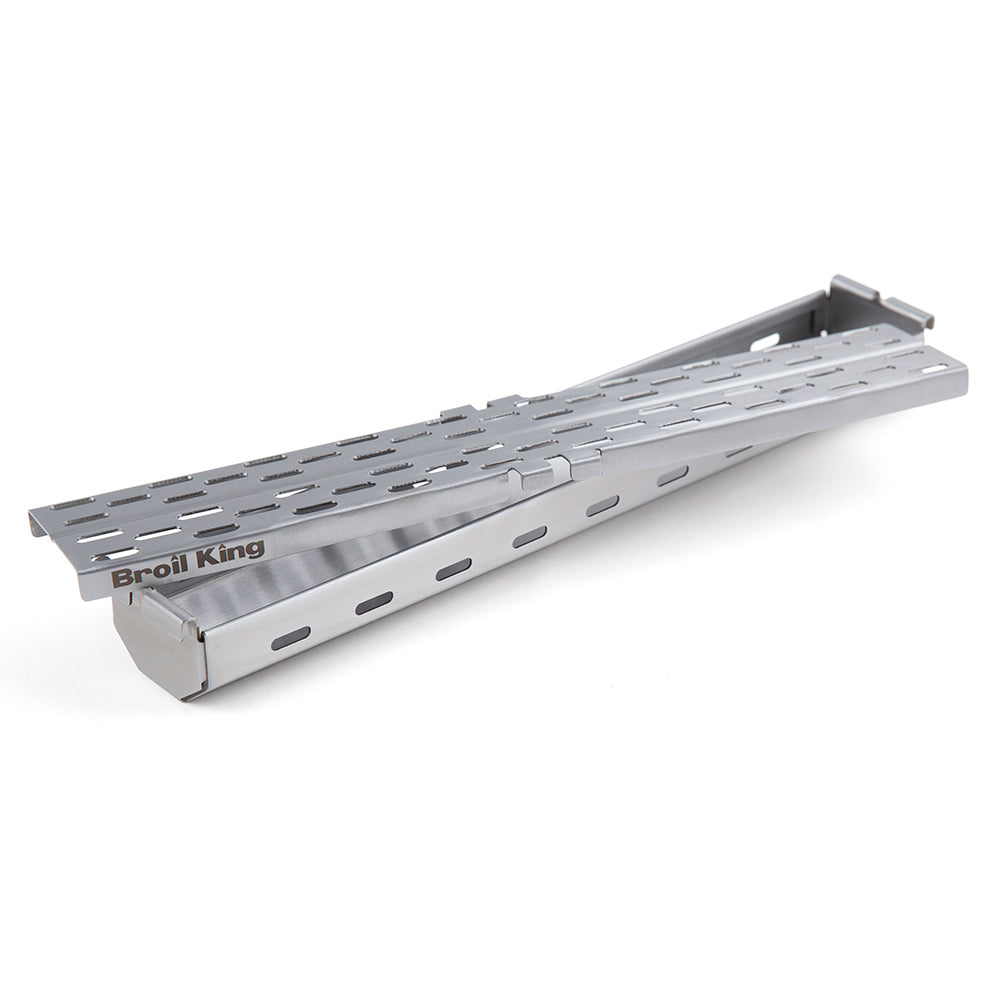 Broil King stainless steel pellet smoker box with vented perforated surface and logo