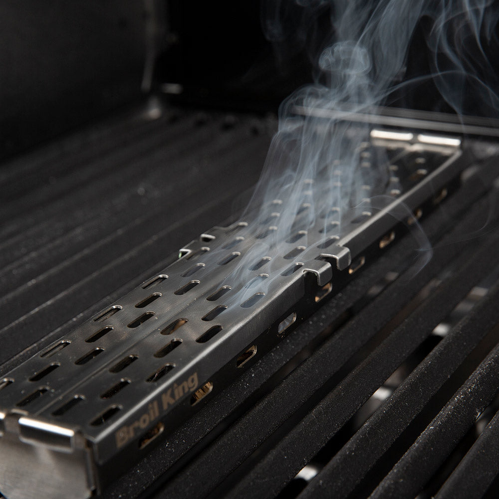 Stainless steel smoker box tray with perforated grate and light smoke drifting
