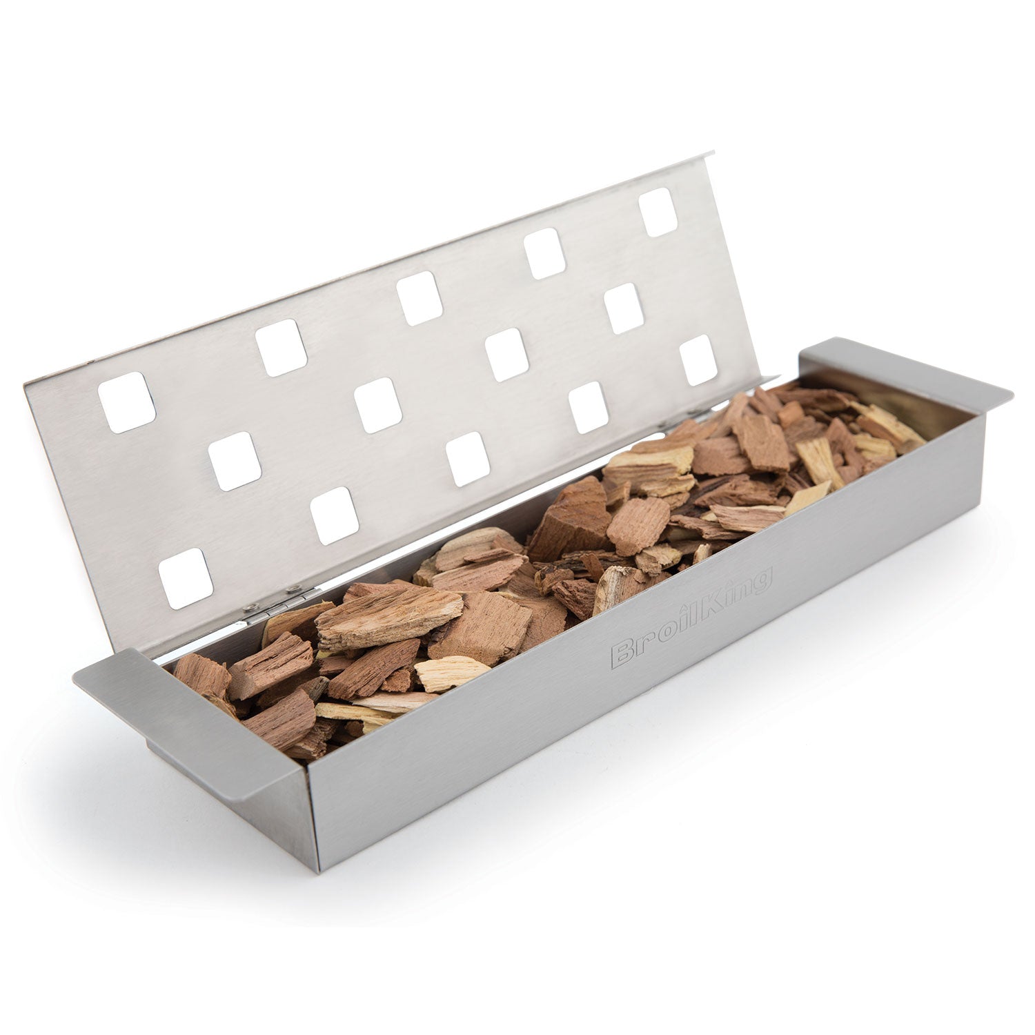 Stainless steel smoker box with vent holes, filled with wood chips