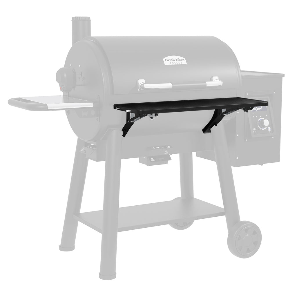 Smoker shelf kit installed on pellet grill frame with black shelf and brackets