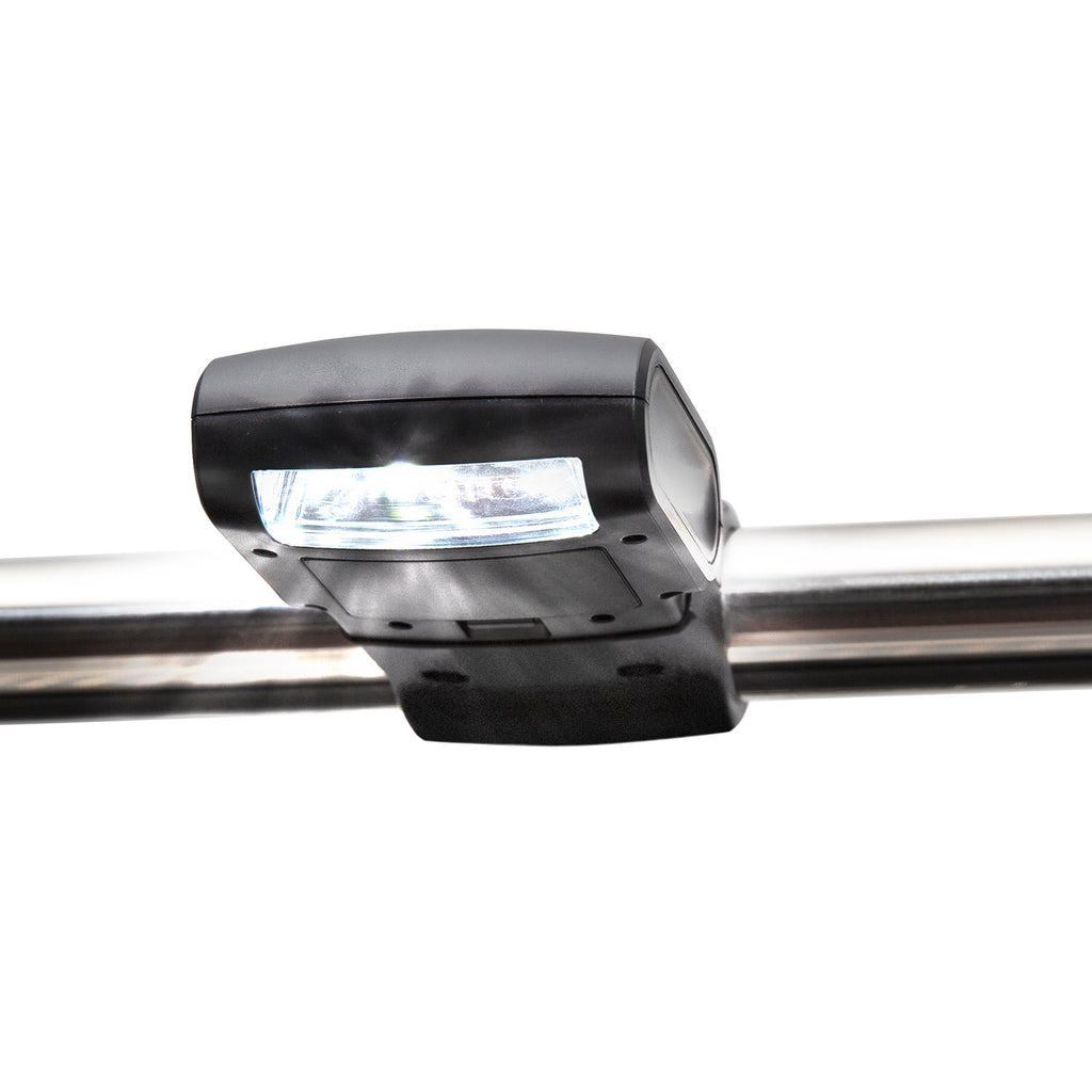 Black grill handle light with bright white LED bar shining from the front