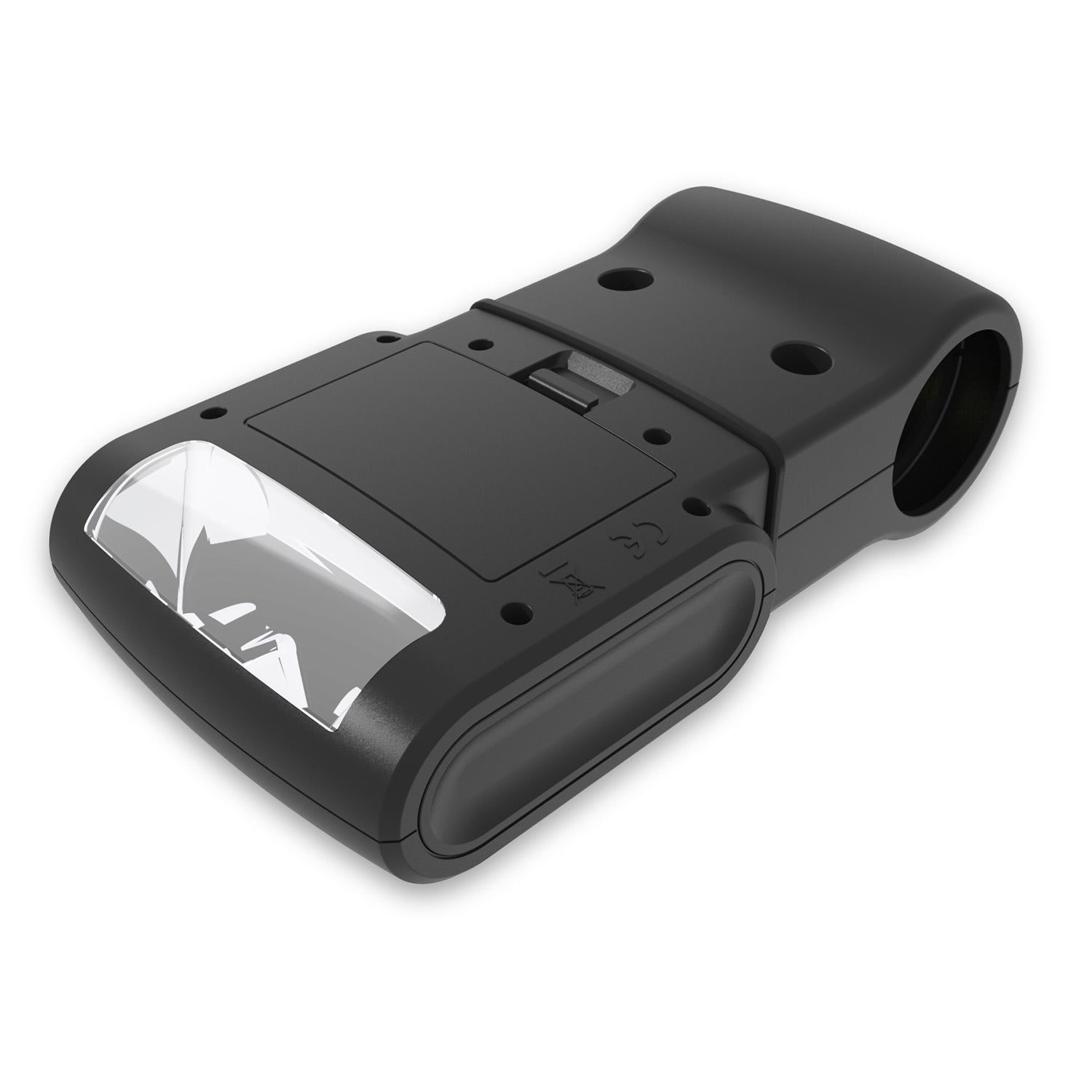 Black handle-mounted grill light with circular lens and mounting holes