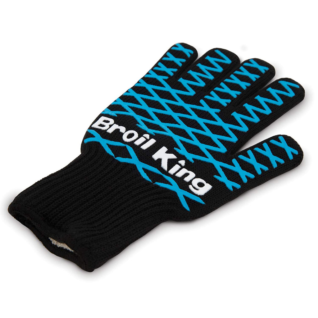 Broil King grilling mitt, black knit with blue X pattern and logo accents