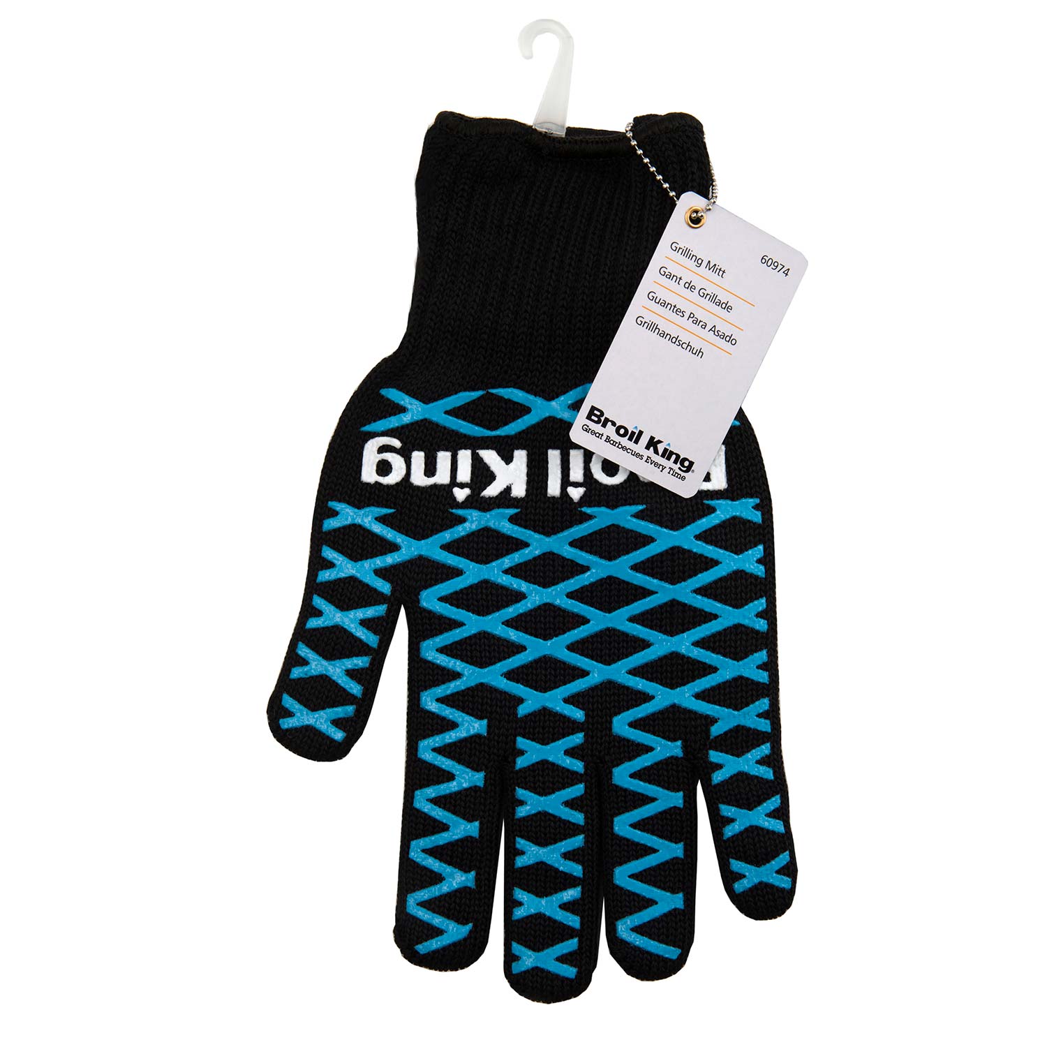 Broil King grilling mitt with blue geometric print, black cuff, hanging tag