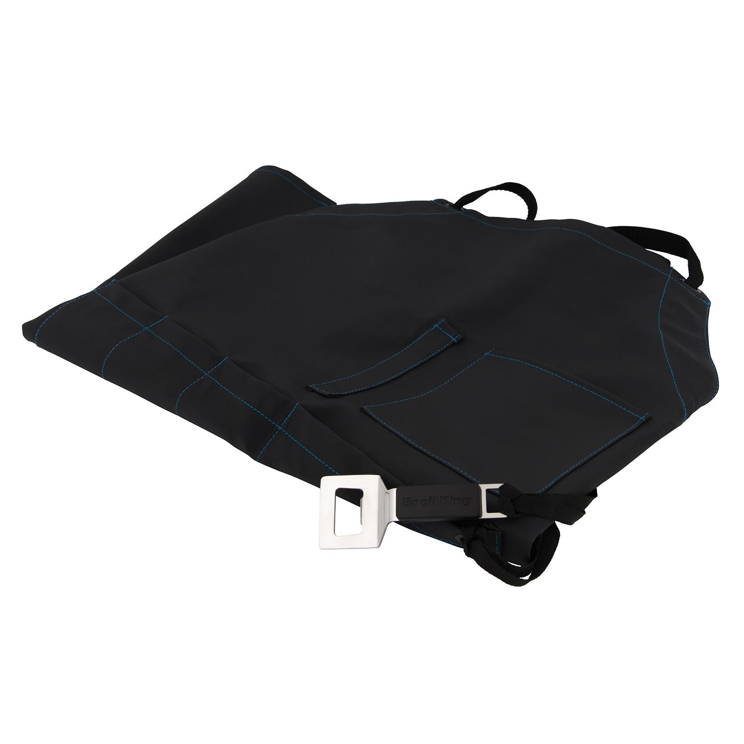 Black grilling apron with blue stitching, front pockets, and adjustable neck strap