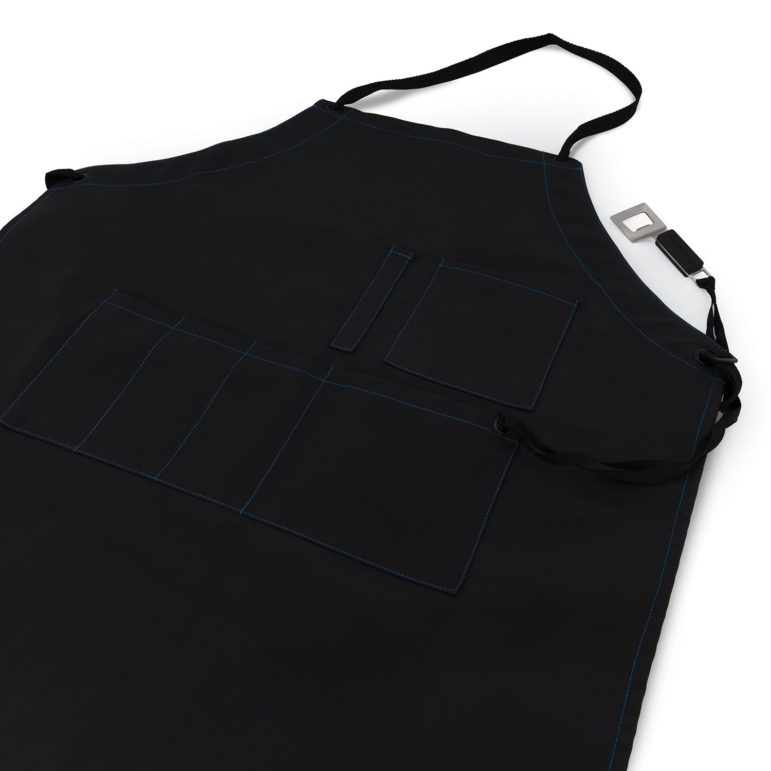 Black grilling apron with two front pockets and adjustable strap hardware, blue trim