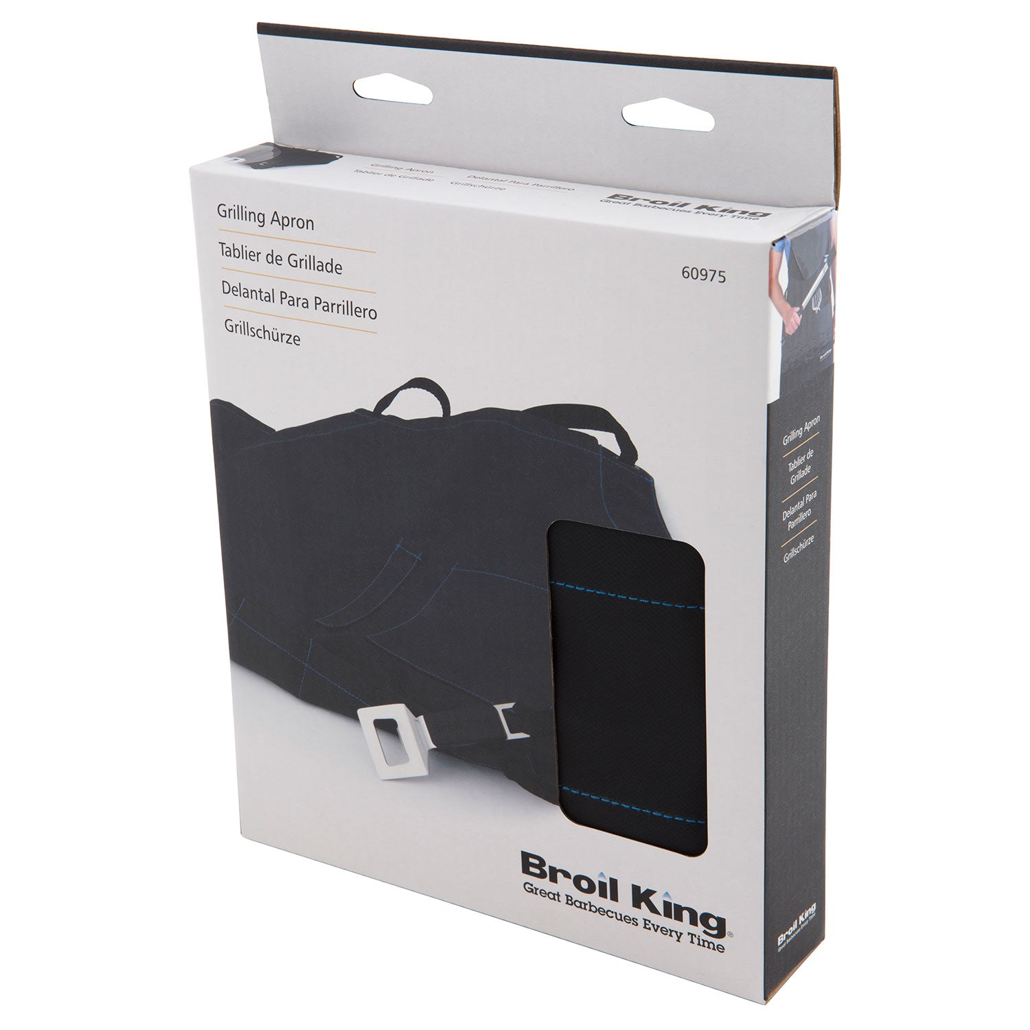 Broil King grilling apron retail box, black apron pictured with blue trim