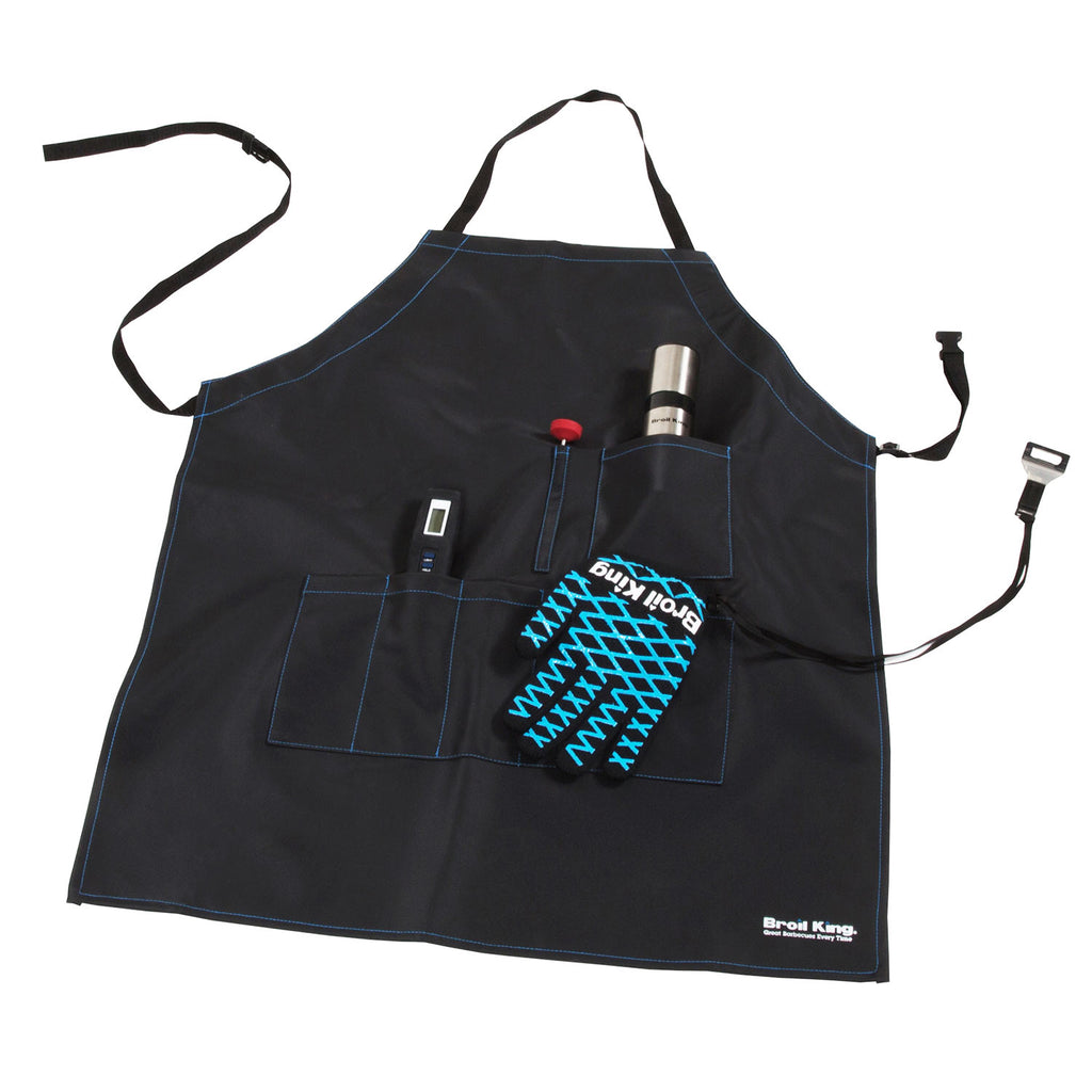 Black grilling apron with pocket panel, tool slots, and adjustable neck and waist straps