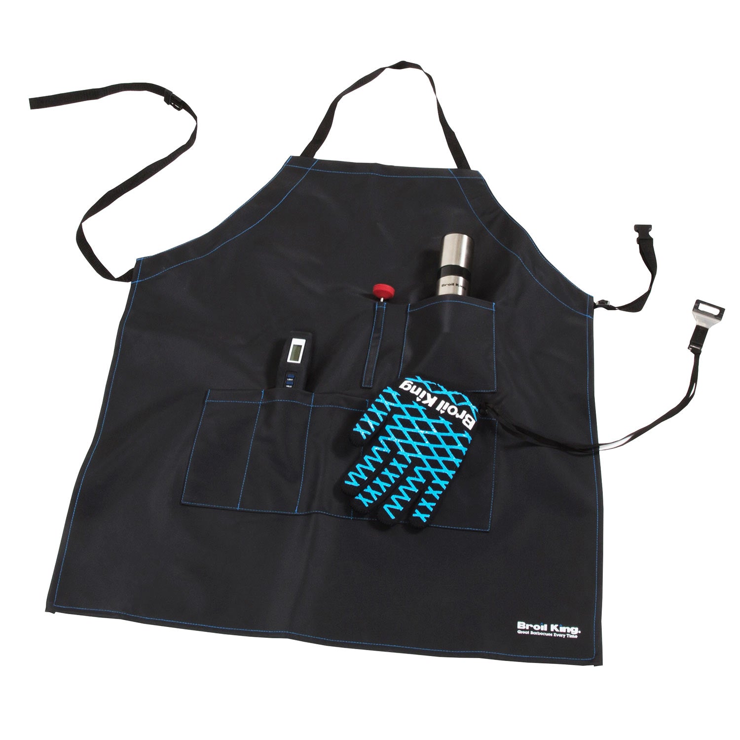 Black grilling apron with pocket panel, tool slots, and adjustable neck and waist straps