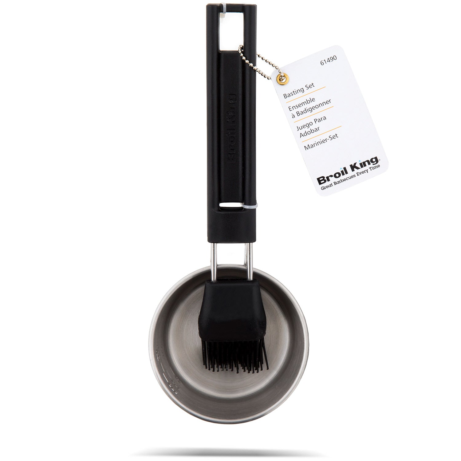 Basting set with black handled basting brush and stainless pot