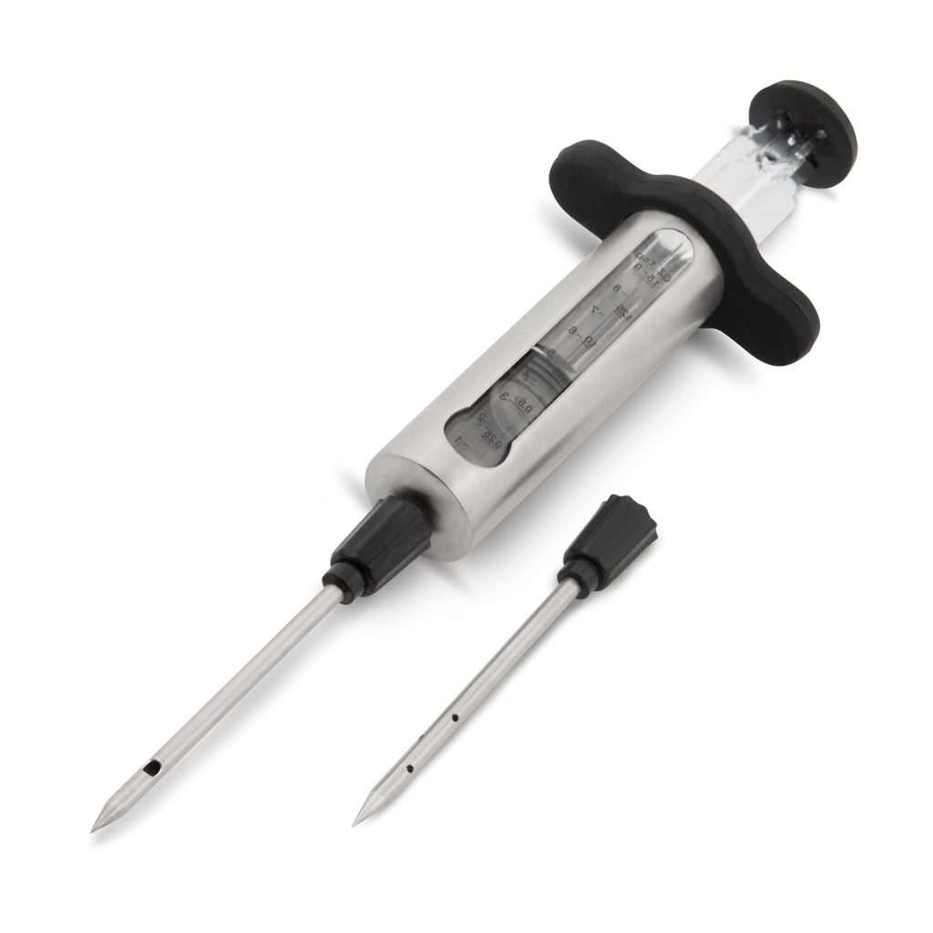 Marinade injector tool with clear chamber, black handles, and two metal needles