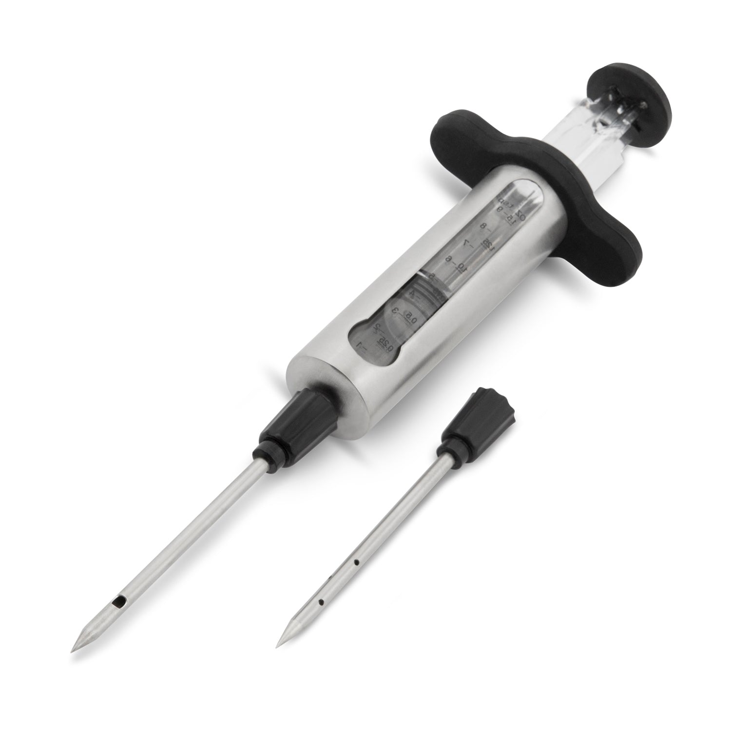 Marinade injector tool with clear chamber, black handles, and two metal needles