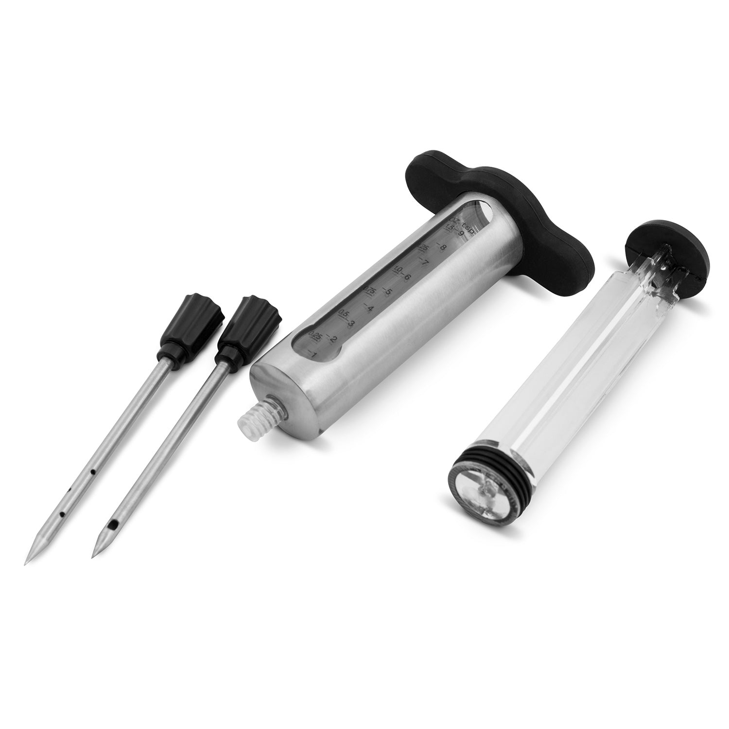 Marinade injector with silver barrel, clear window, black grips, and two needles