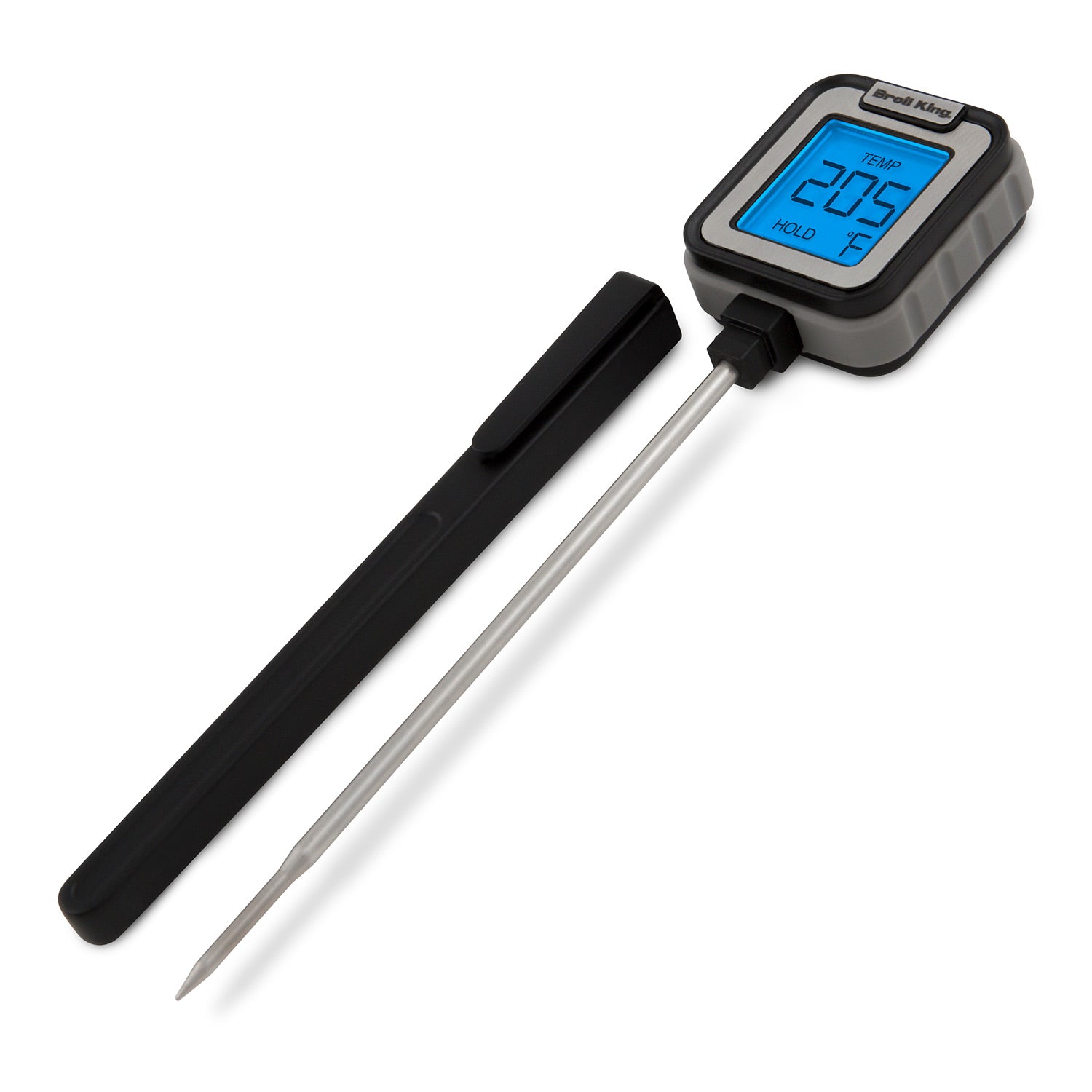 Instant read thermometer with black handle and metal probe, blue backlit display