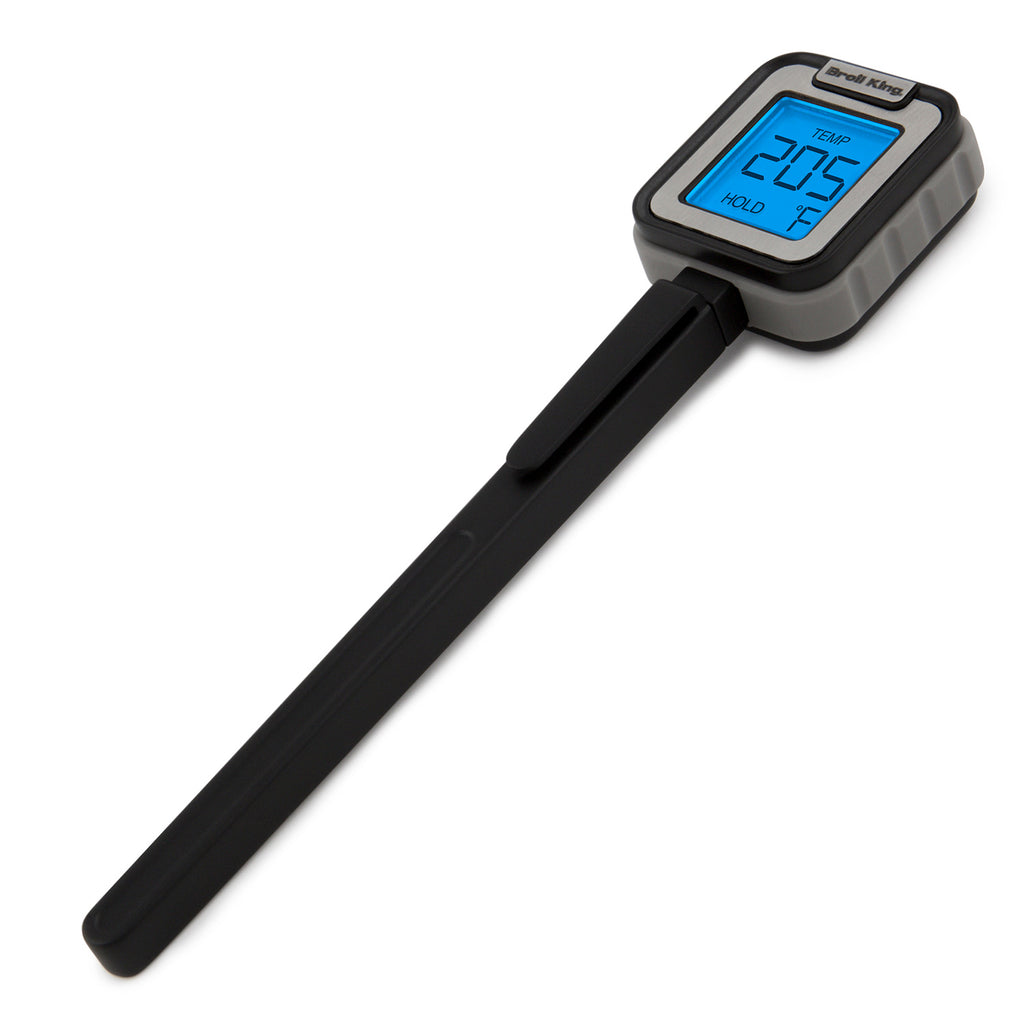 Instant read thermometer with black handle and metal probe, angled view, blue screen