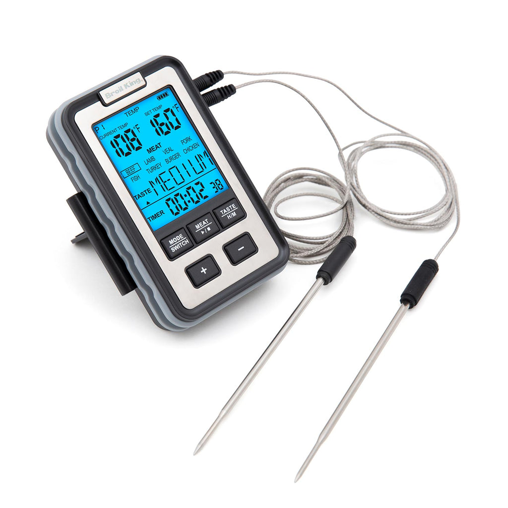 Digital meat thermometer with handheld screen and two stainless steel probes, black case