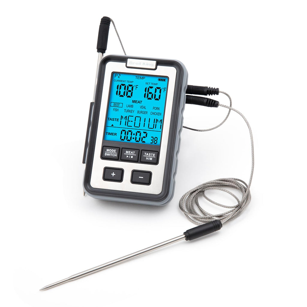 Digital meat thermometer with LCD screen showing readings and two steel probes, dark frame
