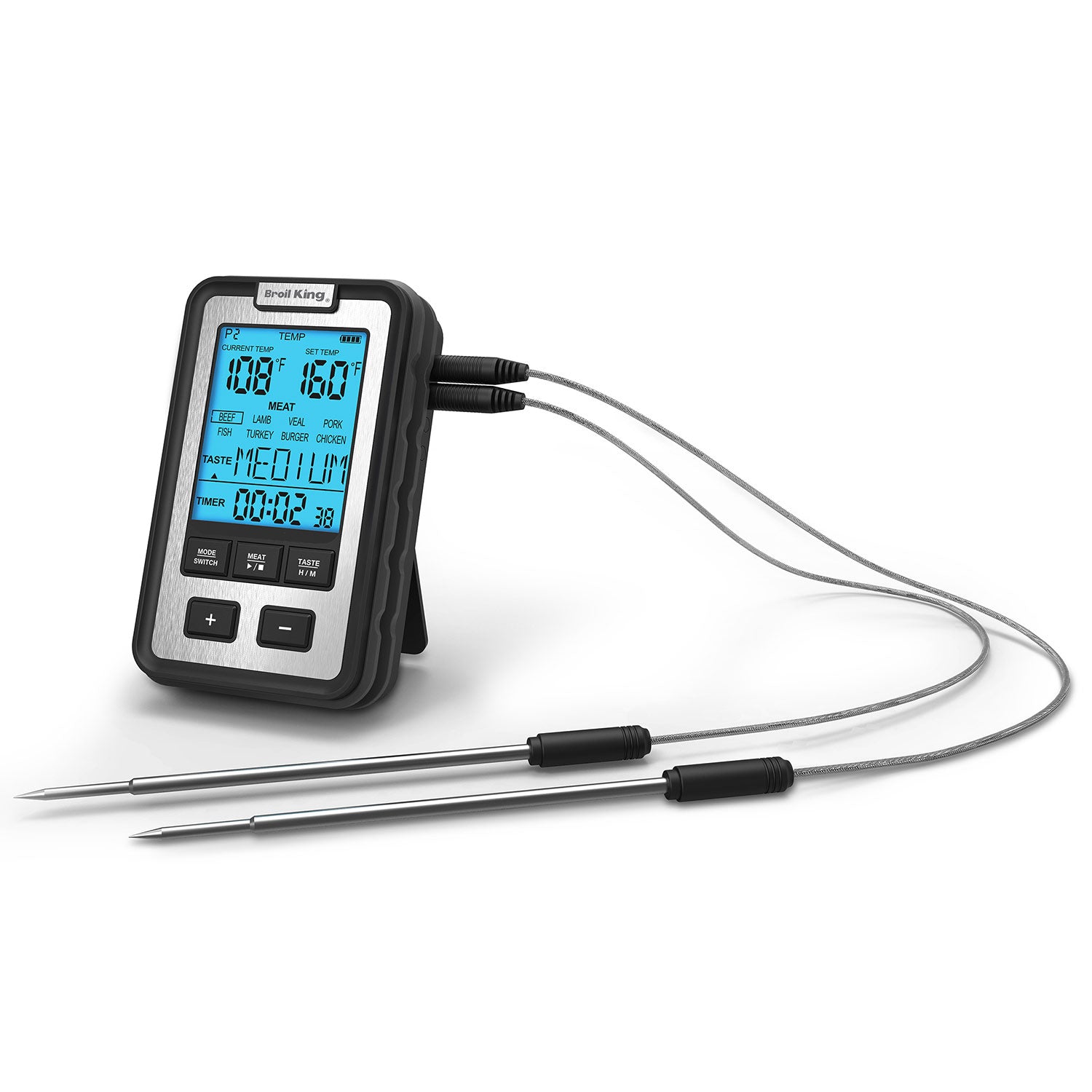 Digital meat thermometer with screen and two long stainless probes, upright on stand