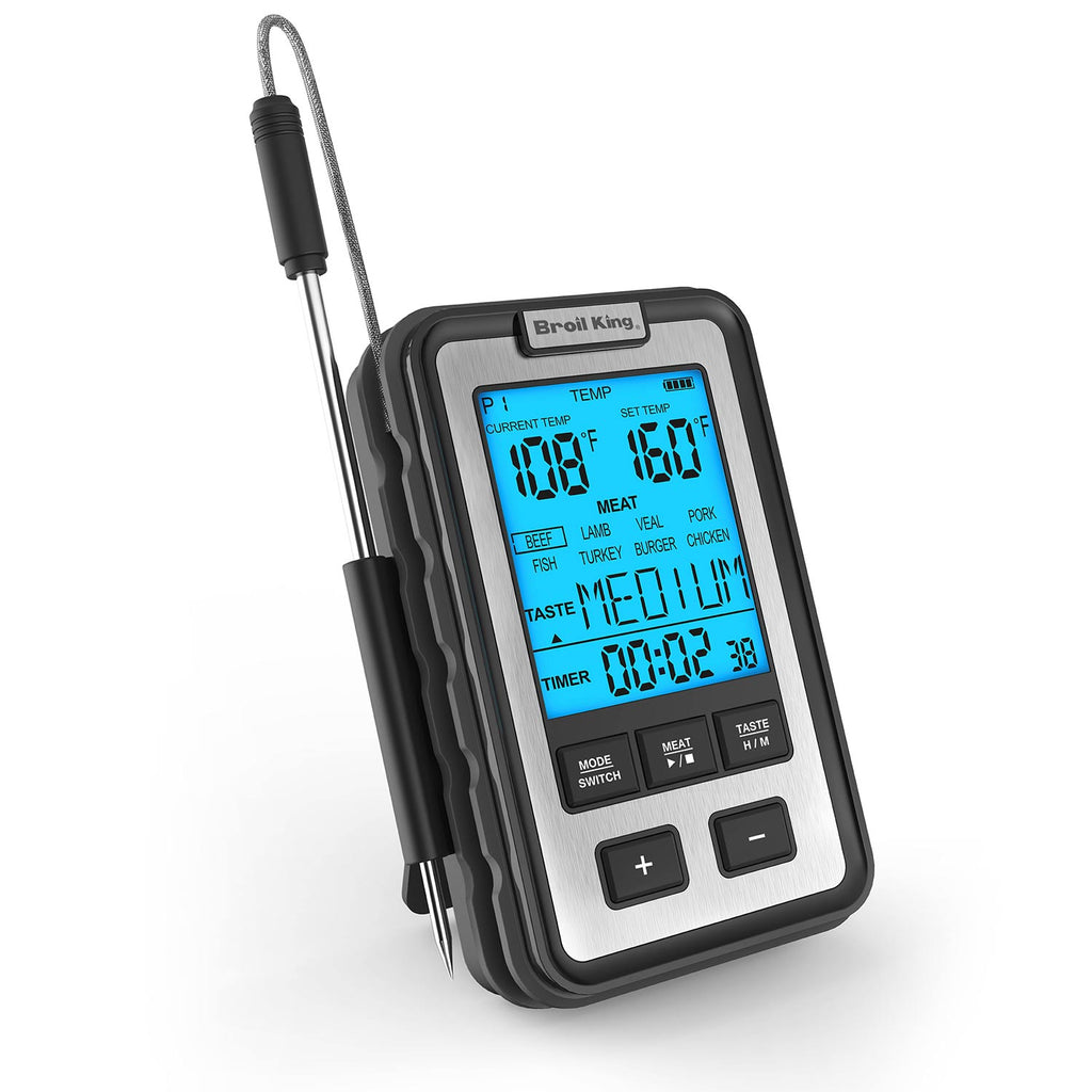 Digital meat thermometer with large LCD screen, one probe inserted, black textured case