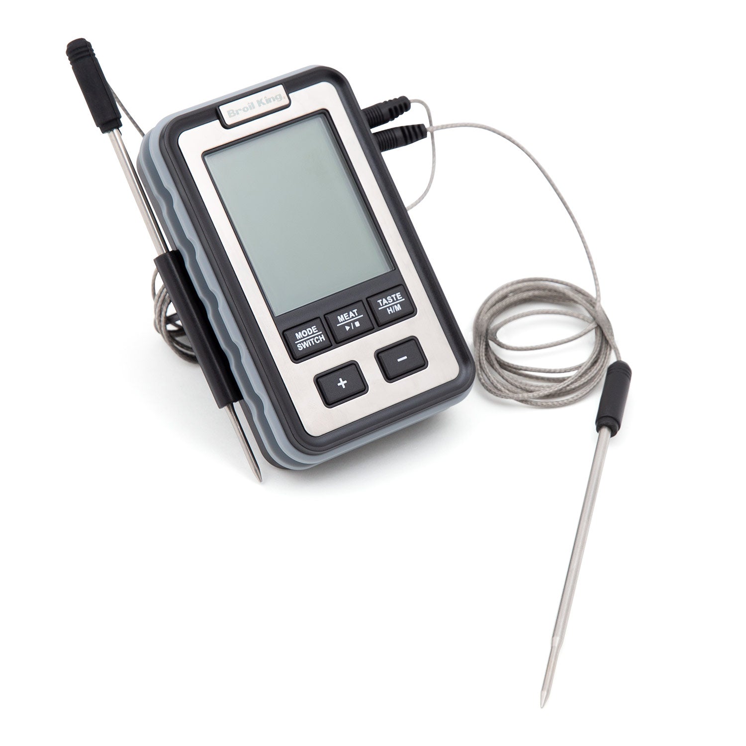 Digital meat thermometer with blank LCD screen, handheld unit and two stainless probes