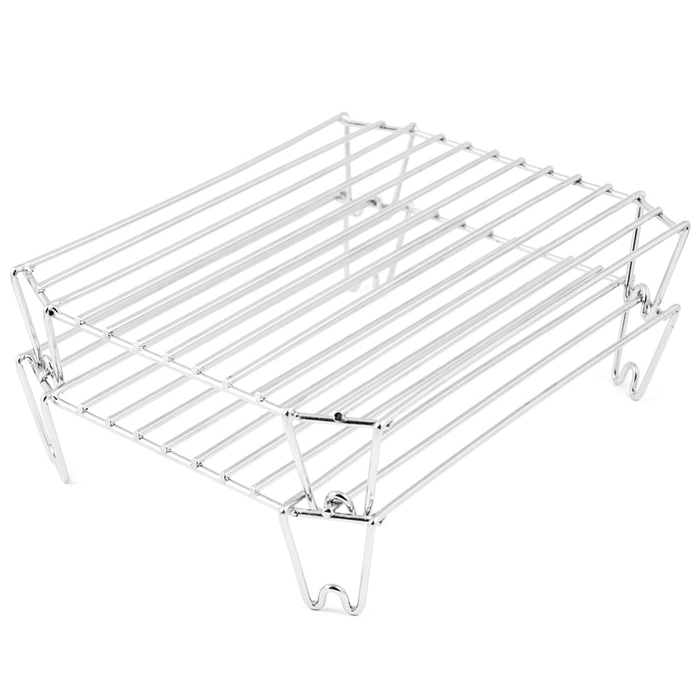Stainless steel stack-a-rack grilling rack with side support hooks and wire bars