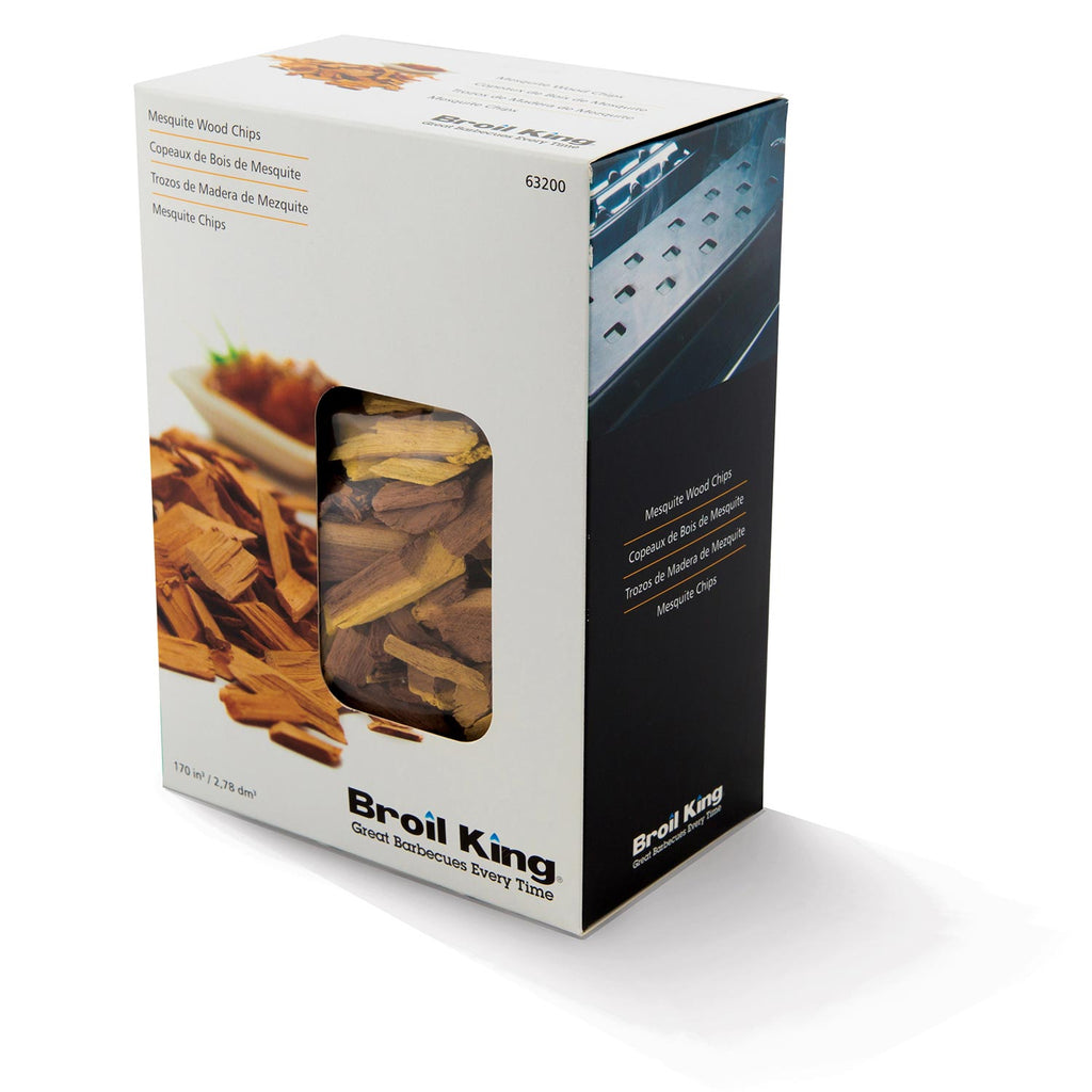 Mesquite wood chips in retail box, dark and light wood chunks visible through window