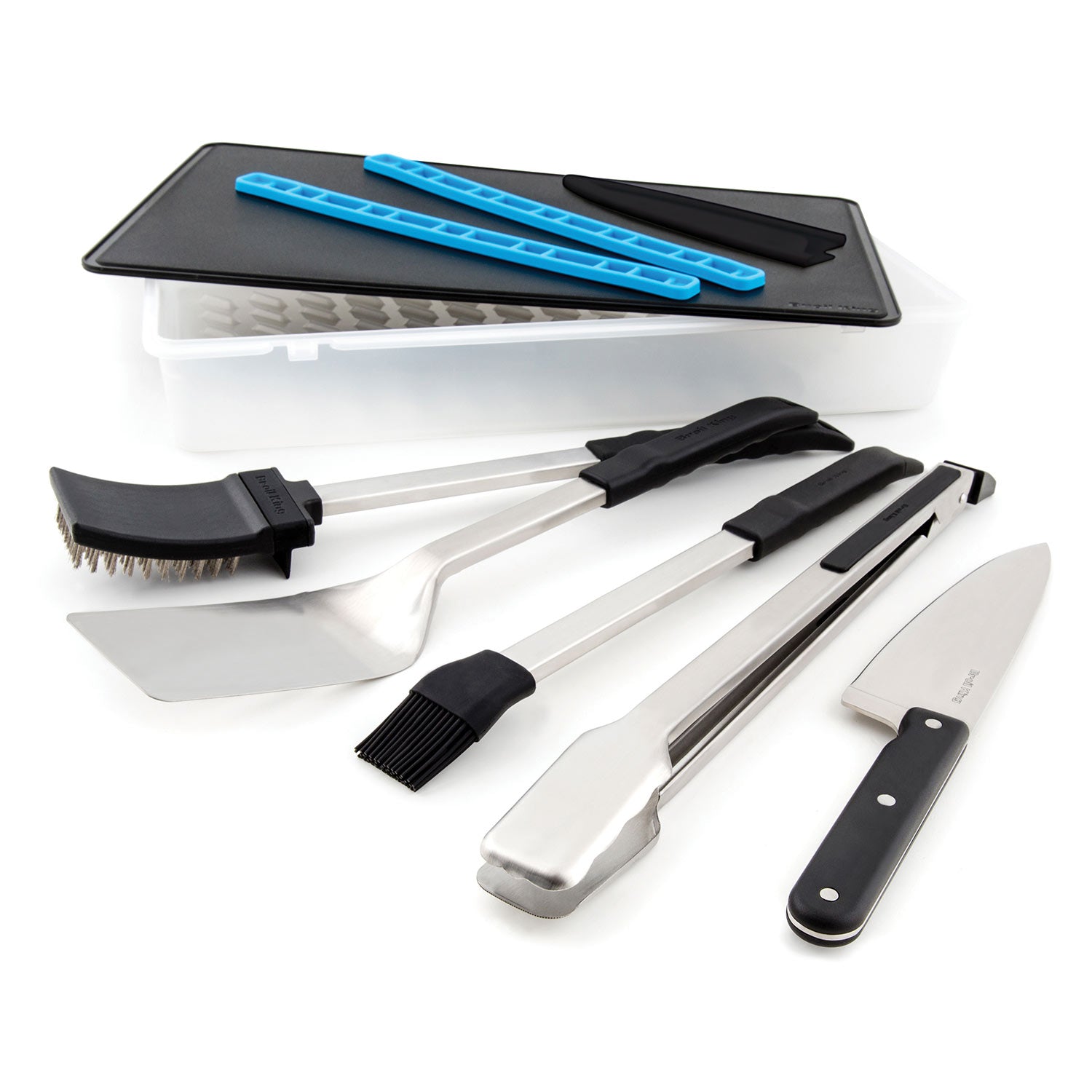 Grill tool set with black tray, blue handle, grill brush, spatula, and tongs