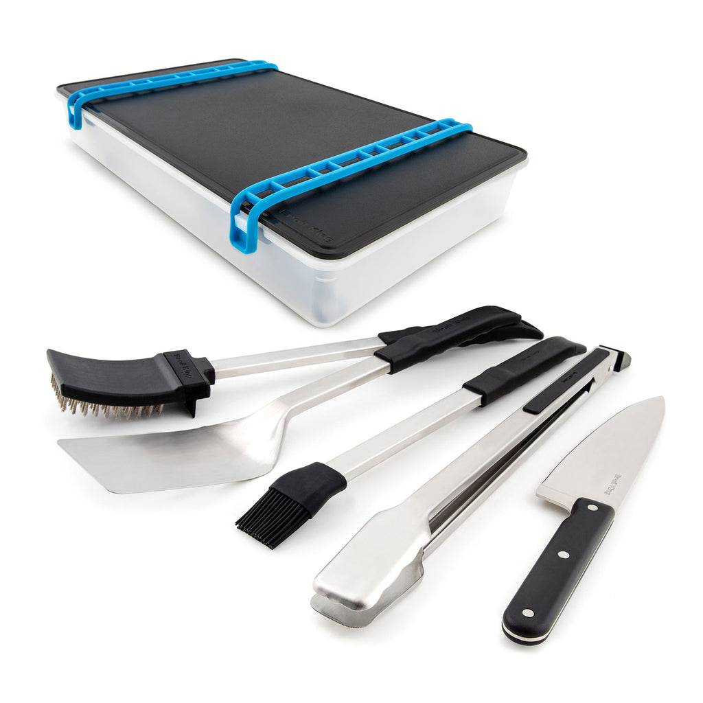 Grill tool set with aluminum tray, black insert, and blue carry handles