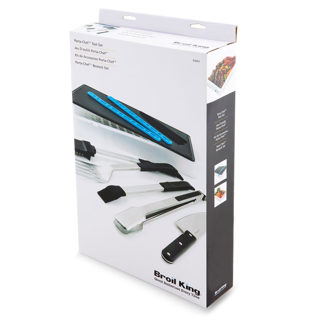 Broil King Porta-Chef grill tool set package with tray and tool photos