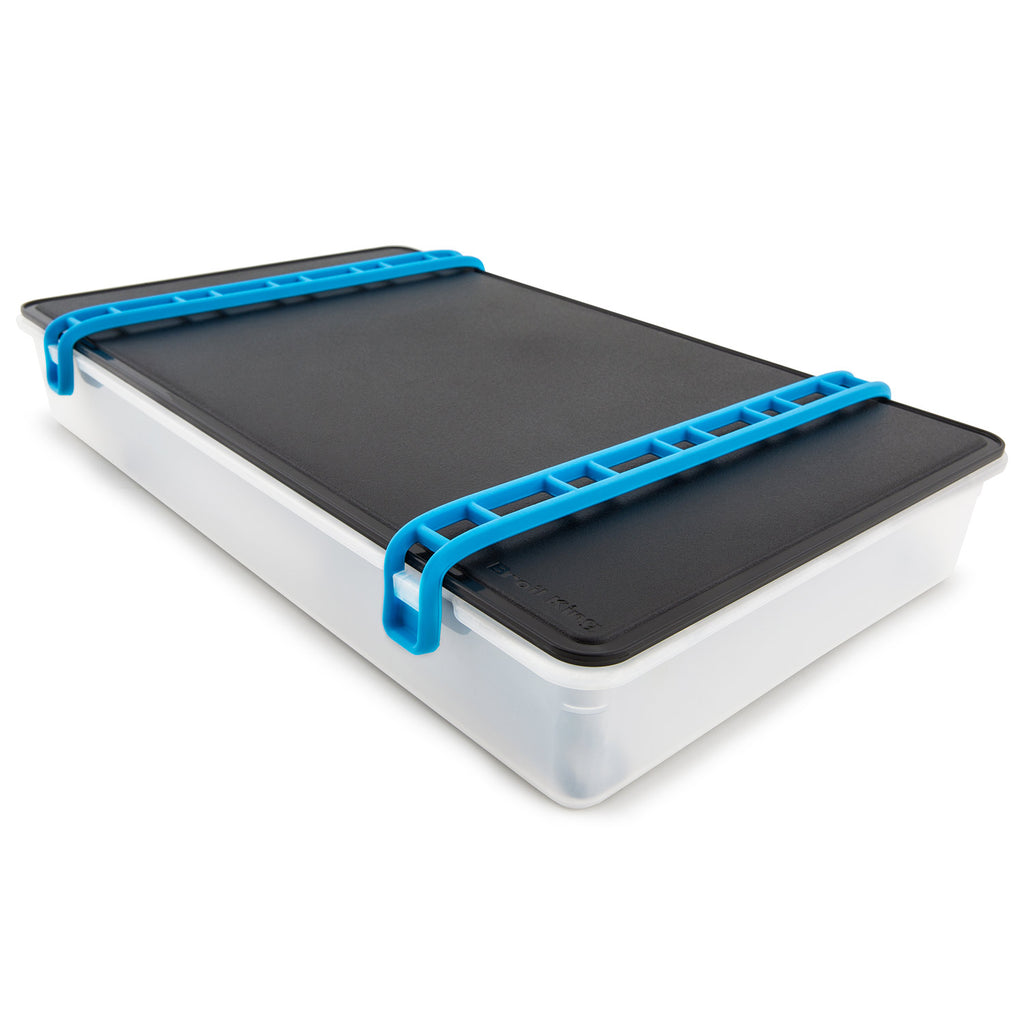 Rectangular grill tray with black top insert and blue locking handles