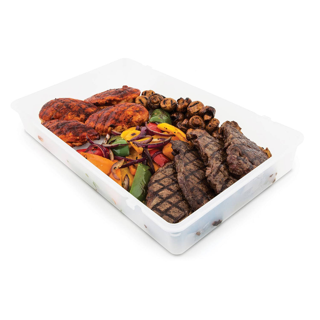 Porta-Chef tray with grilled meat slices, kebabs, and onions