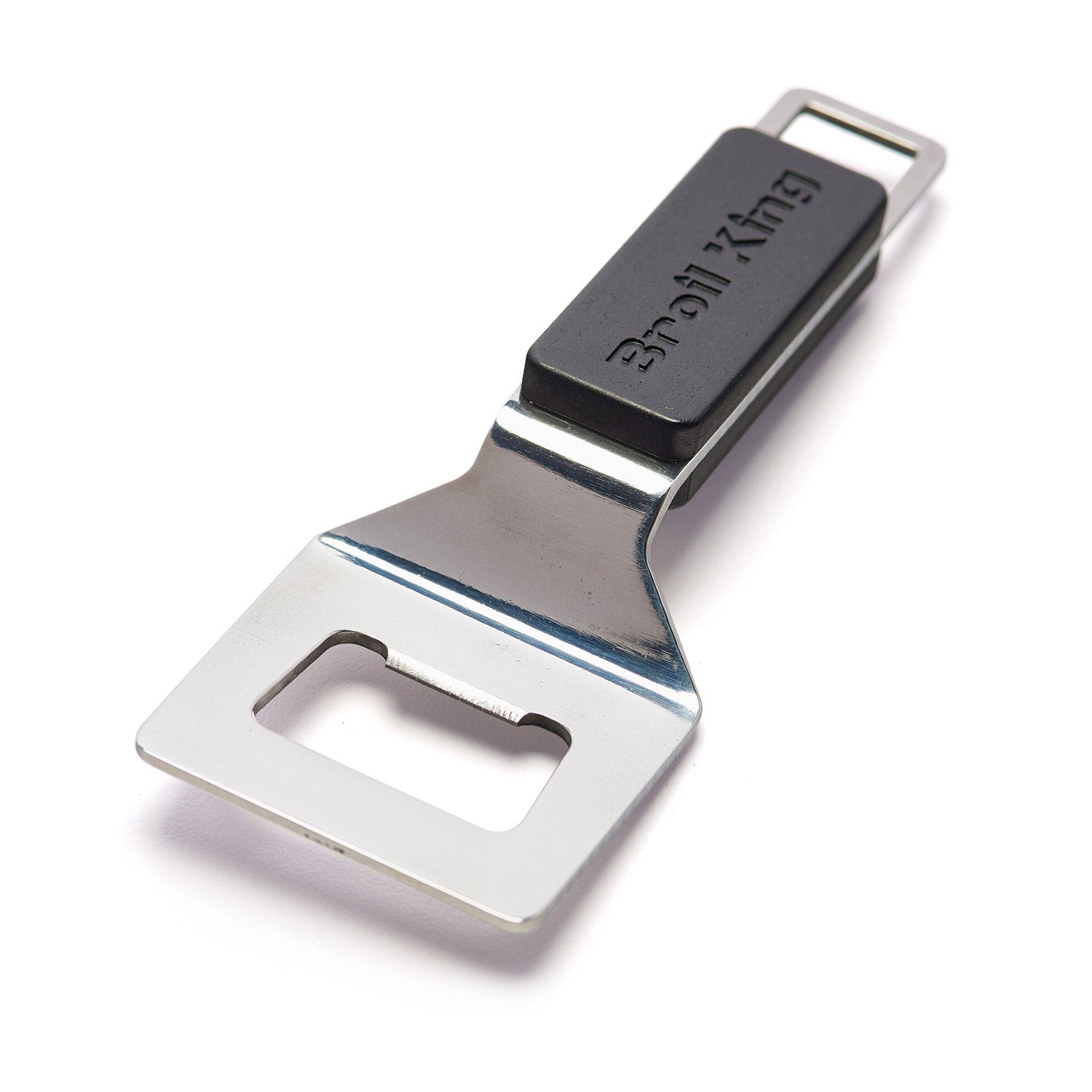 Stainless steel bottle opener with black grip and rectangular opening, brushed metal