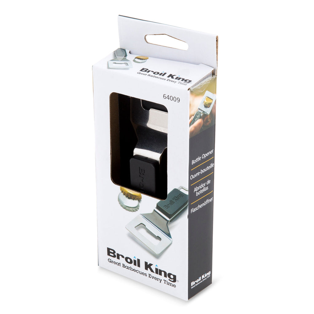 Stainless steel bottle opener in retail packaging, metal opener shown