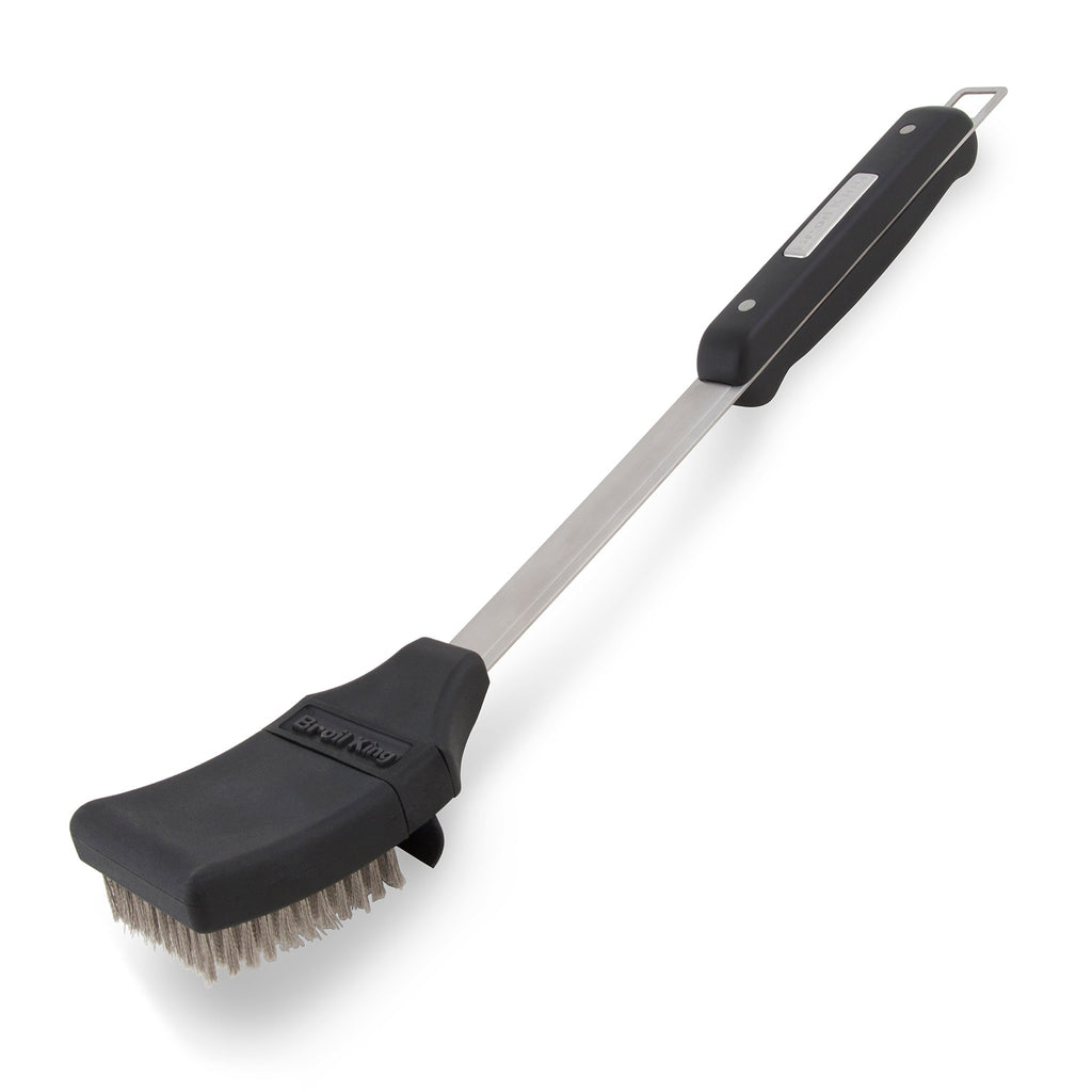 Grill brush with black handle, long metal shaft, and stiff bristle head.