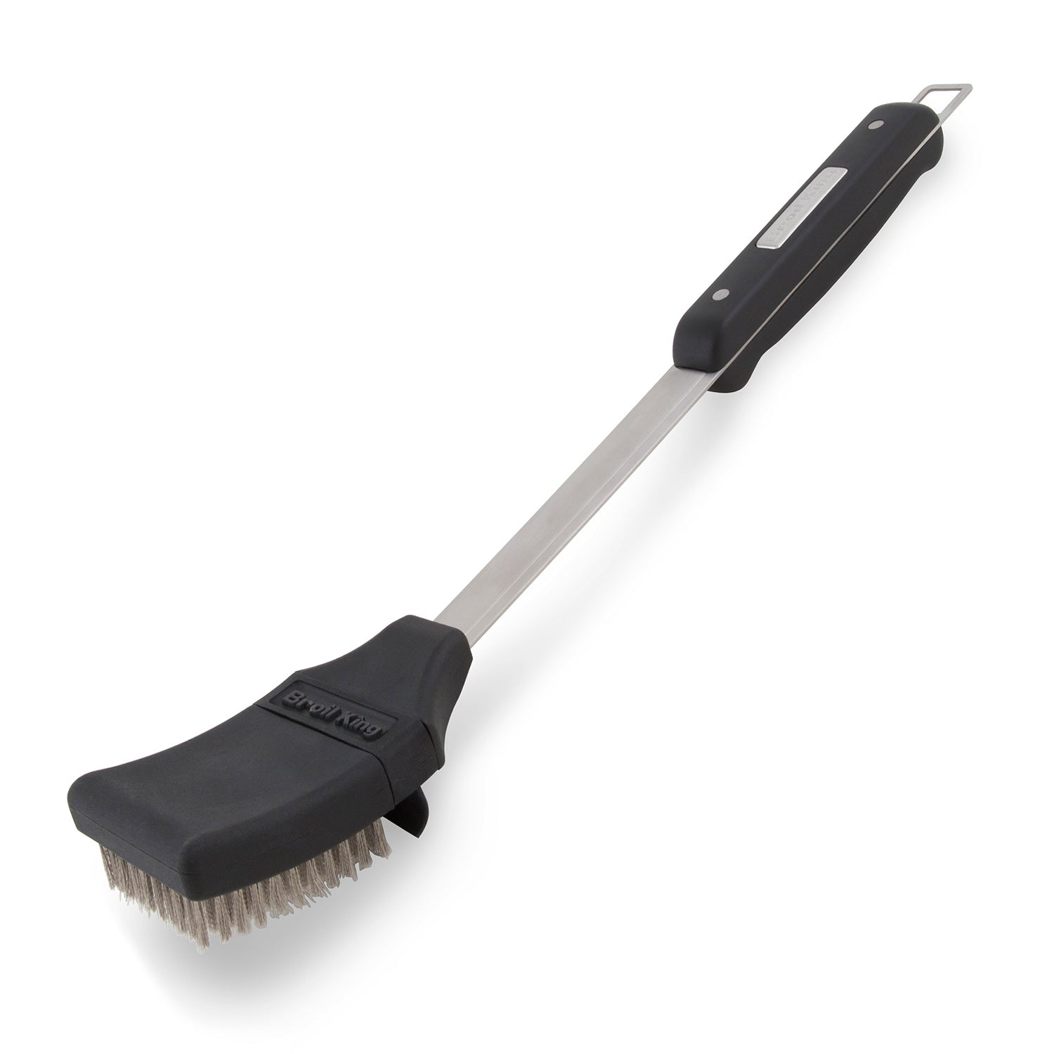 Grill brush with black handle, long metal shaft, and stiff bristle head.